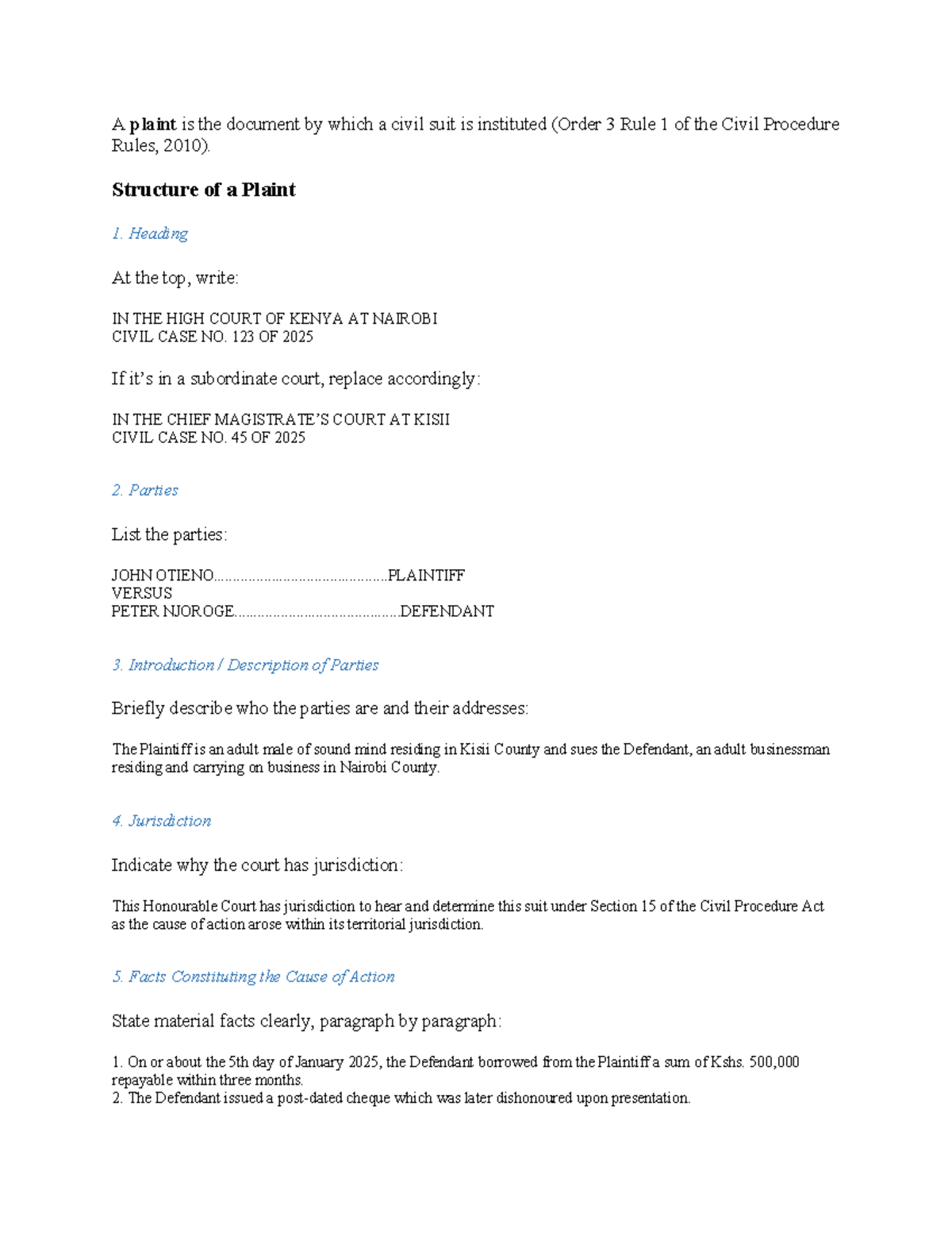 Civil Procedure Notes: Drafting a Plaint (CIV 101) - Studocu