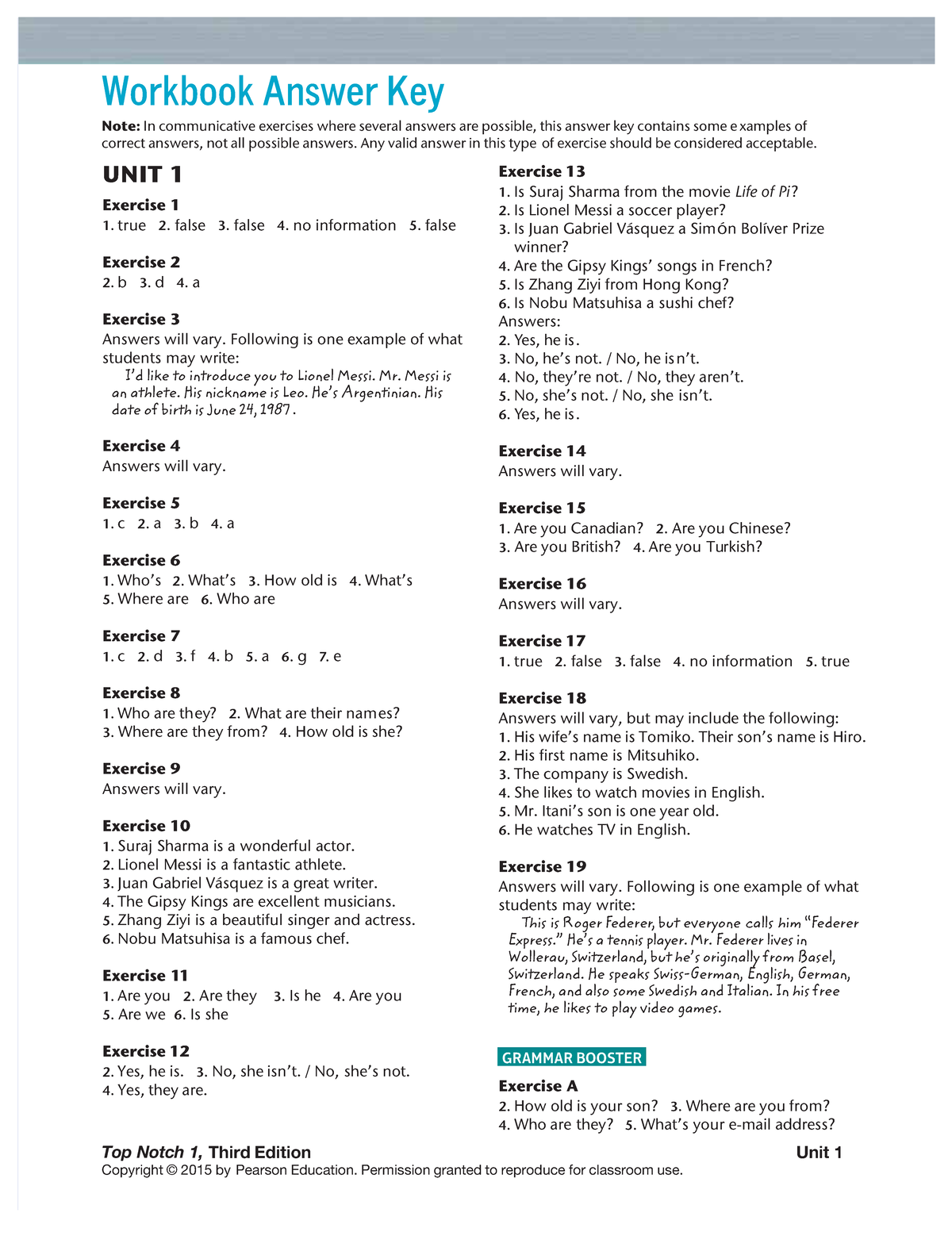 Top Notch 1, Third Edition: Workbook Answer Key and Exercises - Studocu