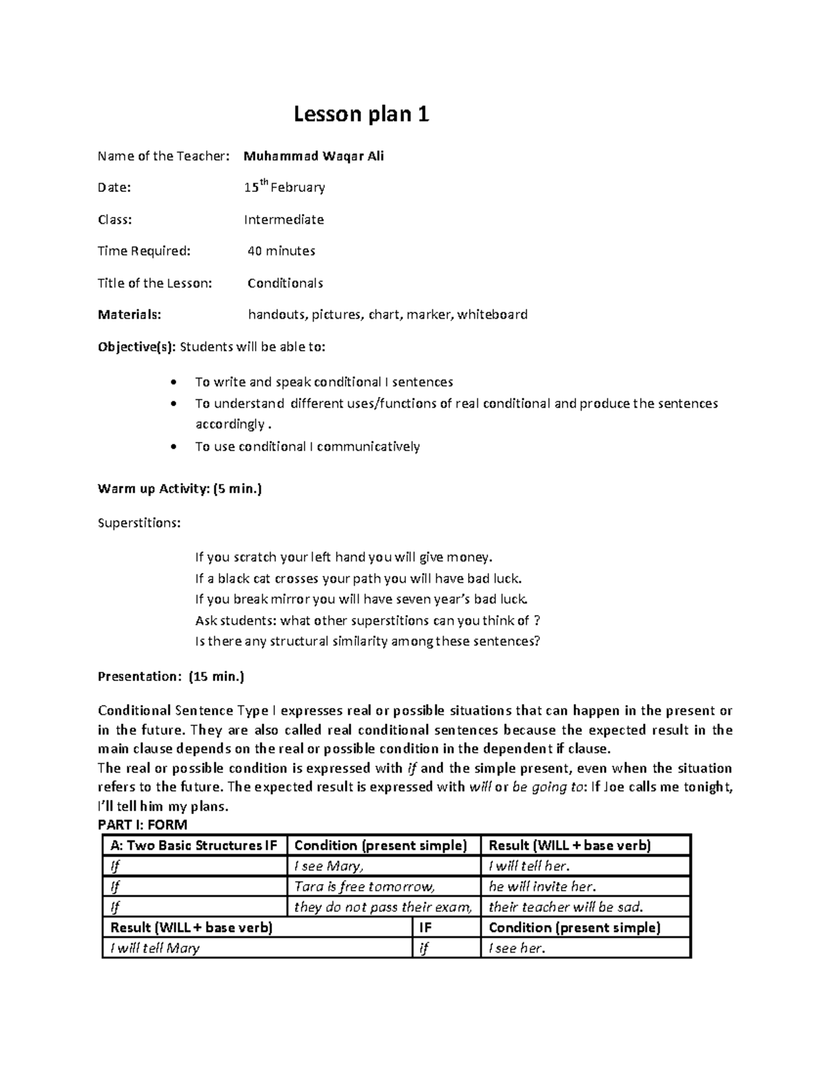 Lesson Plan 203705921: Teaching Conditional Sentences - Studocu