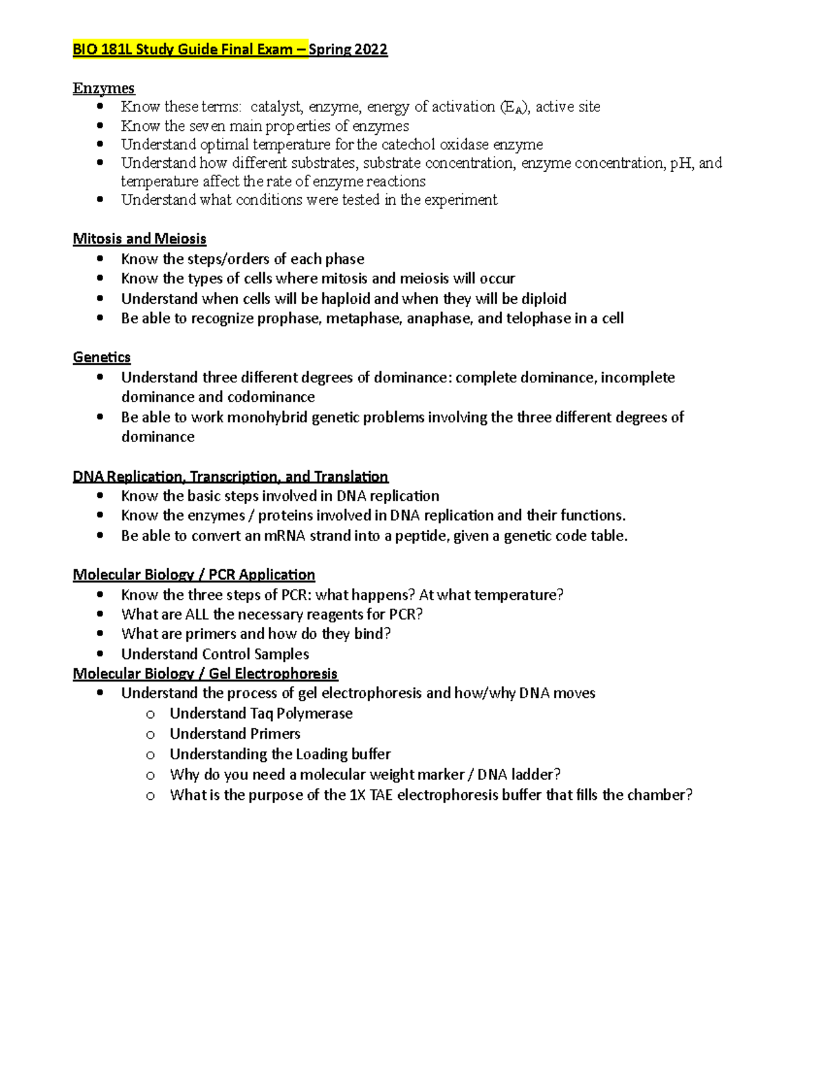 Final Exam Study Guide for BIO 181L - Spring 2022 - Studocu