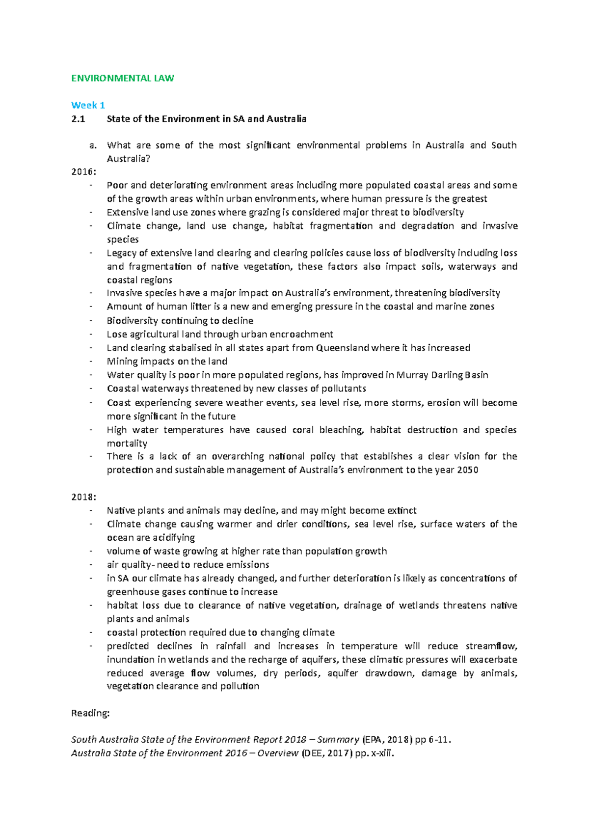 Environmental Law - Lecture Notes Overview for Whole Course (ENVI101 ...