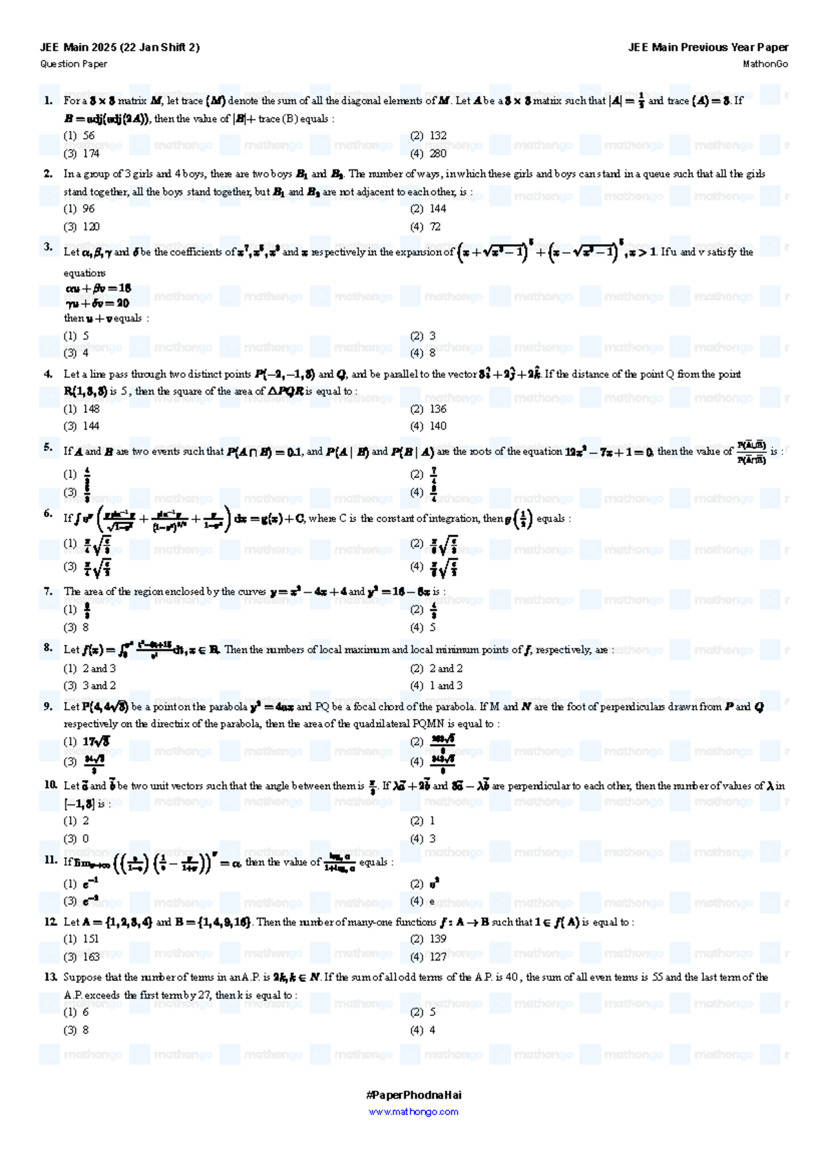 JEE Main 2025 (22 Jan Shift 2) Math Previous Year Question Paper ...