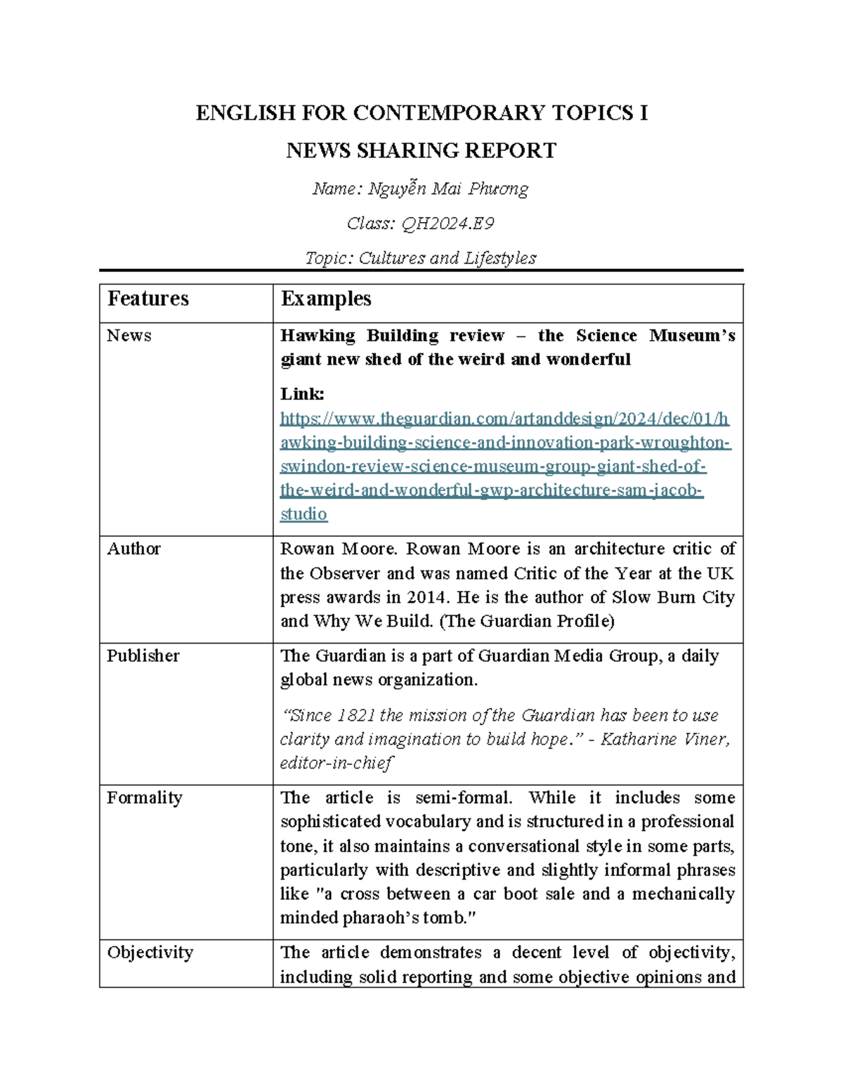 ENGLISH FOR CONTEMPORARY TOPICS I: NEWS REPORT ON HAWKING BUILDING ...