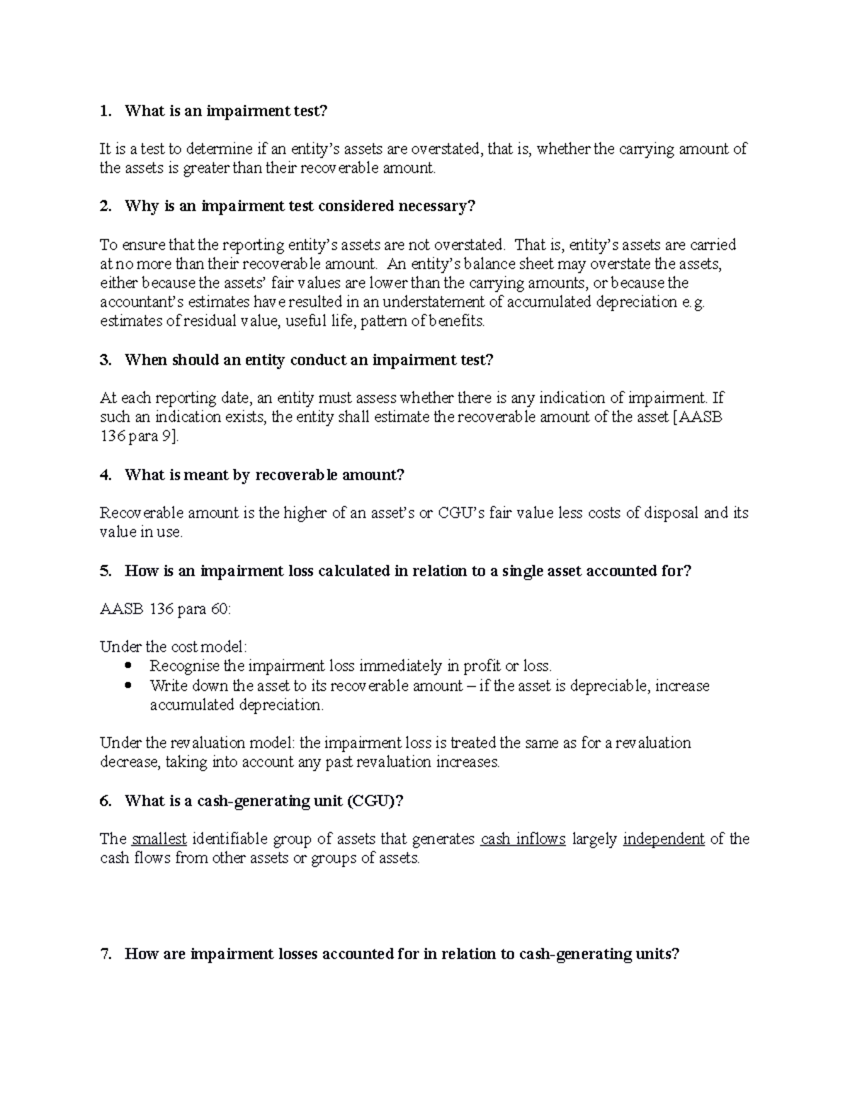 Week 5 - Tutorial answers - 1. What is an impairment test? It is a test ...