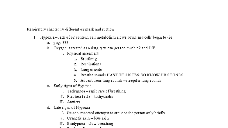 Ch 14 & 20 Respiratory: O2 Masks, Hypoxia, and Airway Mgmt - Studocu