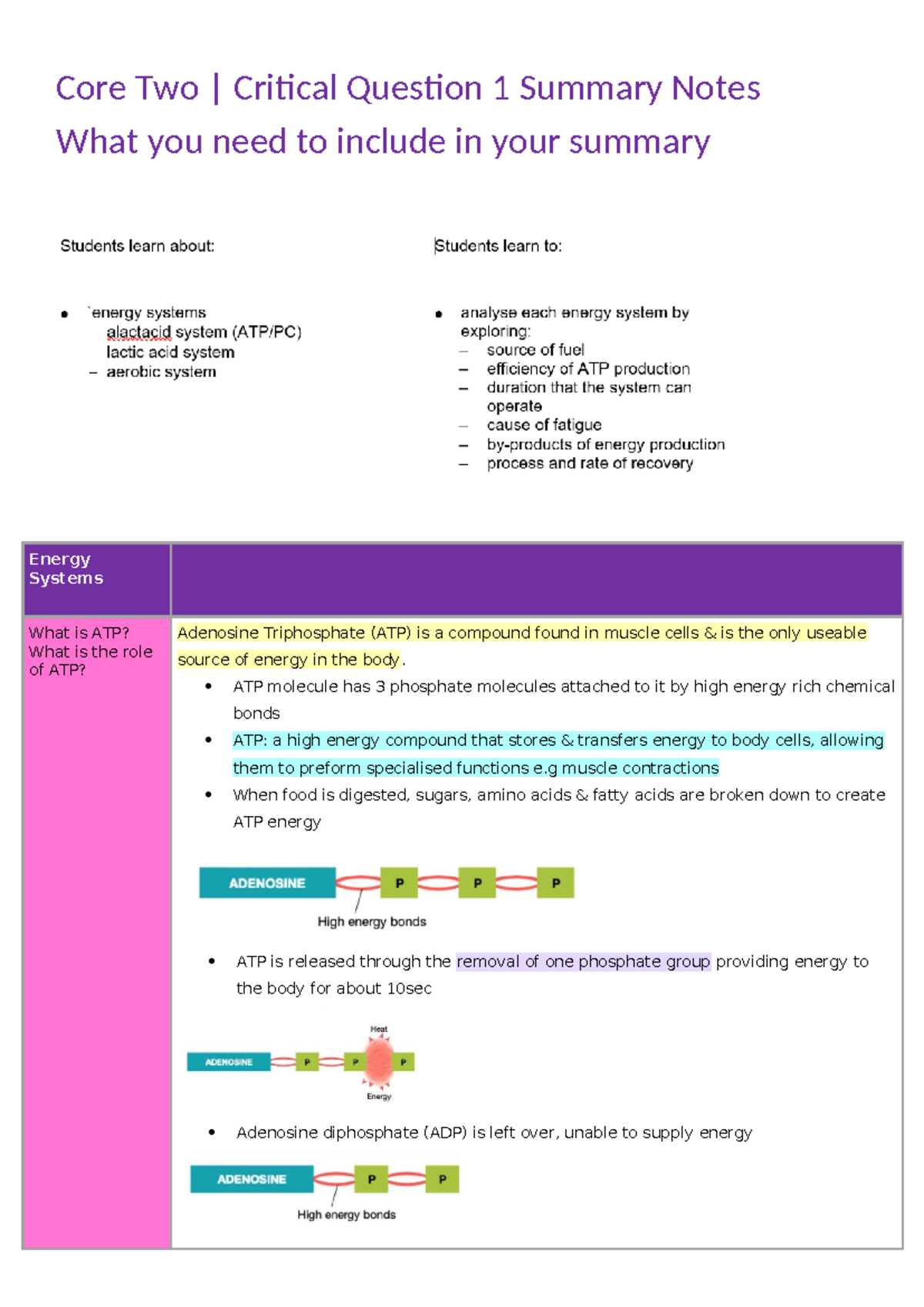 Core2 PE Critical Question 1 Summary: Energy Systems & ATP - Studocu