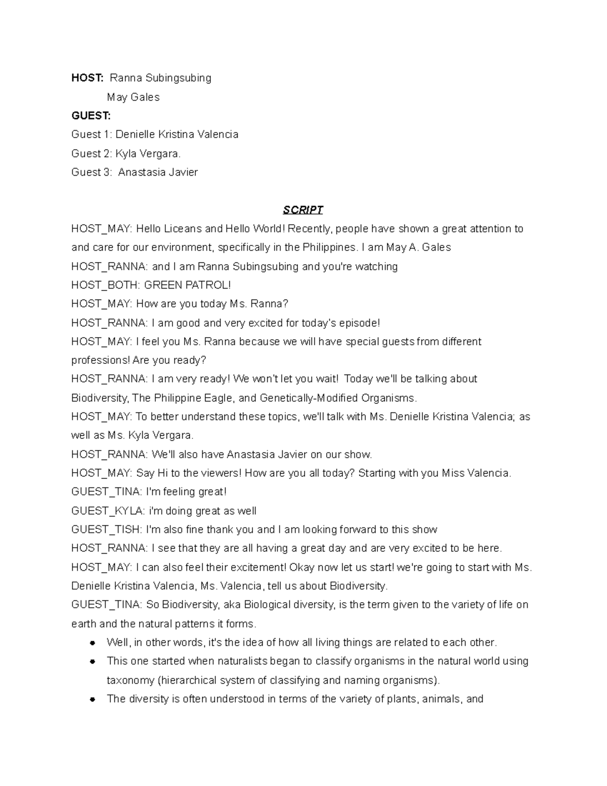 ENG 101: Talkshow Script on Environmental Awareness Themes - Studocu