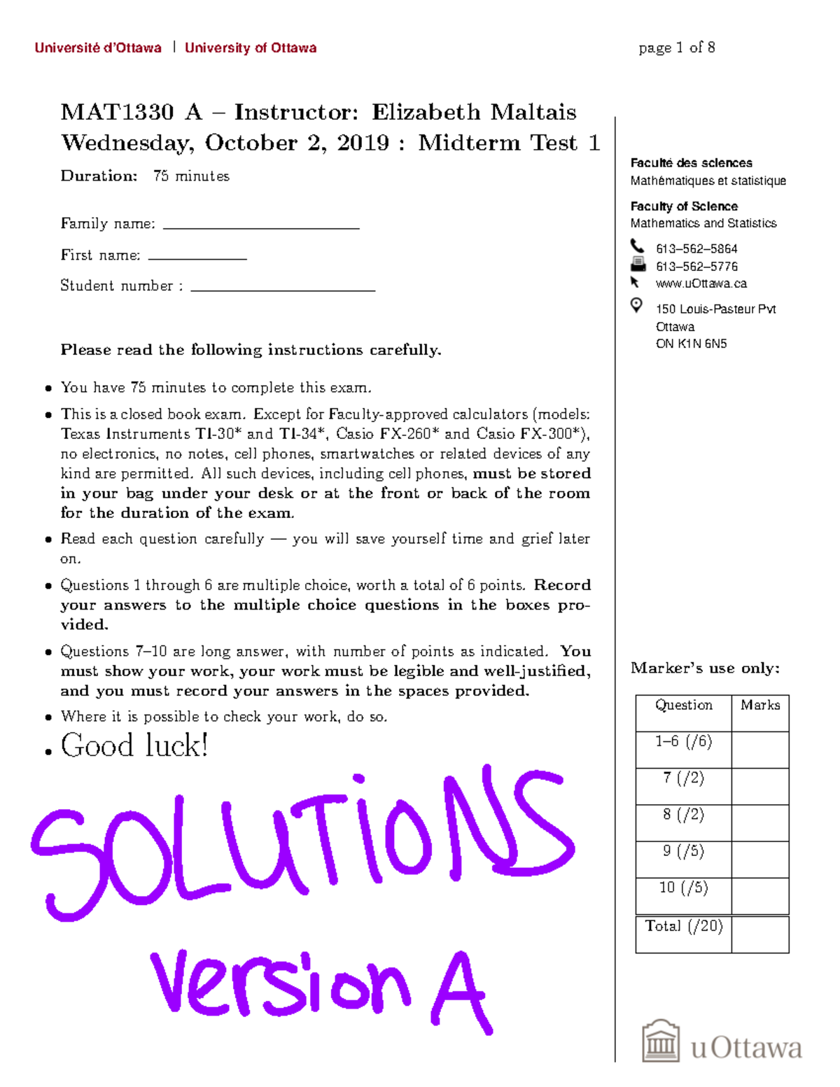 Fall 2019 Midterm 1 (solution) - Faculte des sciences ́ Mathematiques ...