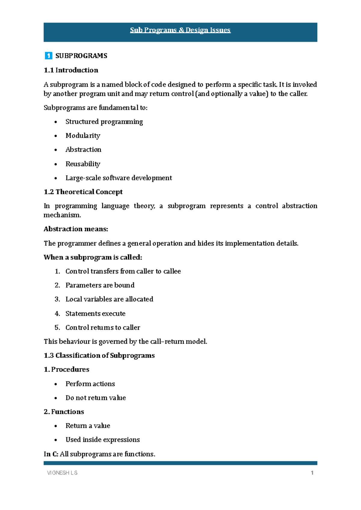 Subprograms Design Issues: Key Concepts and C Examples - Studocu