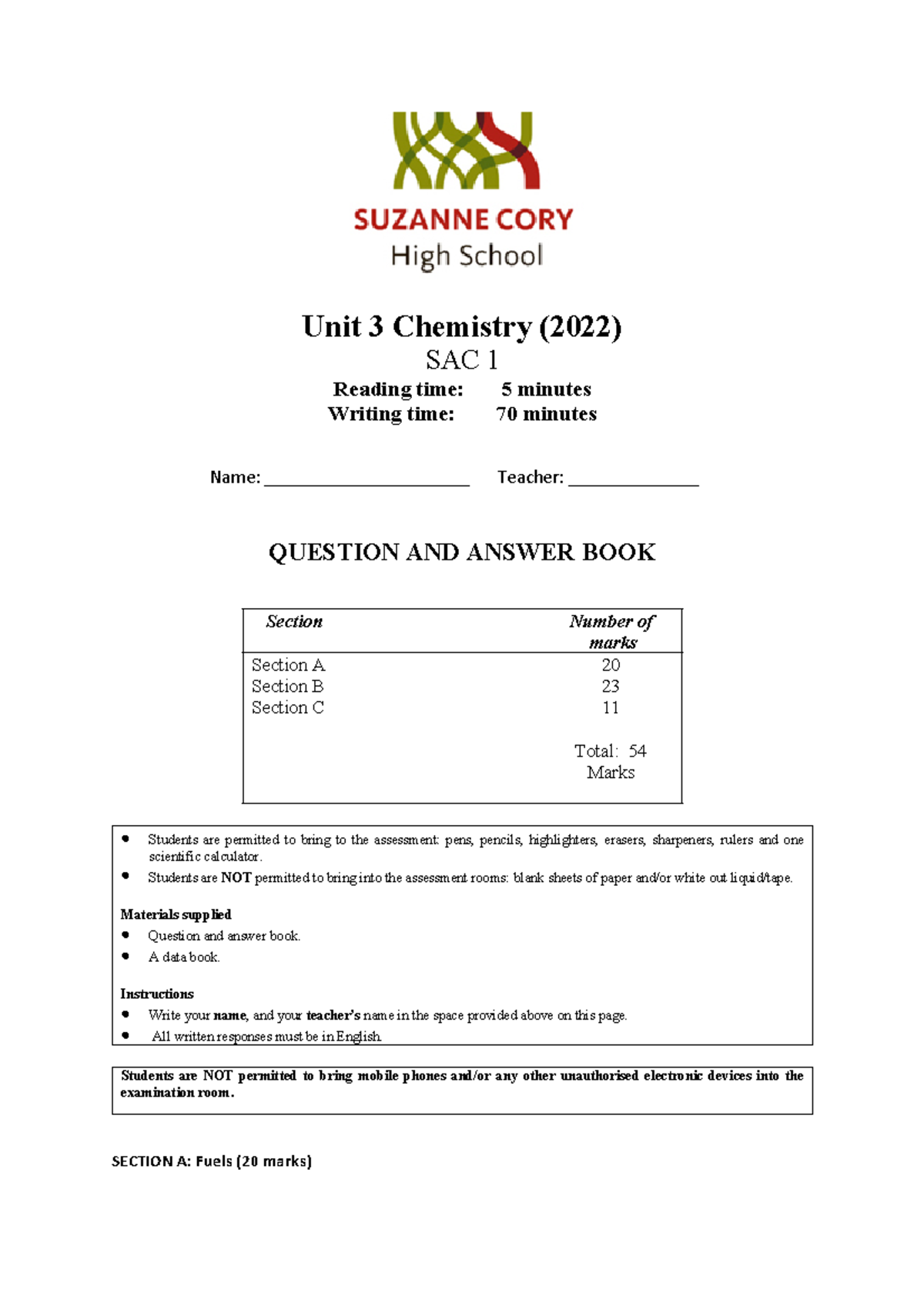 Chem sac - chemistry sac practice - Unit 3 Chemistry (2022) SAC 1 ...