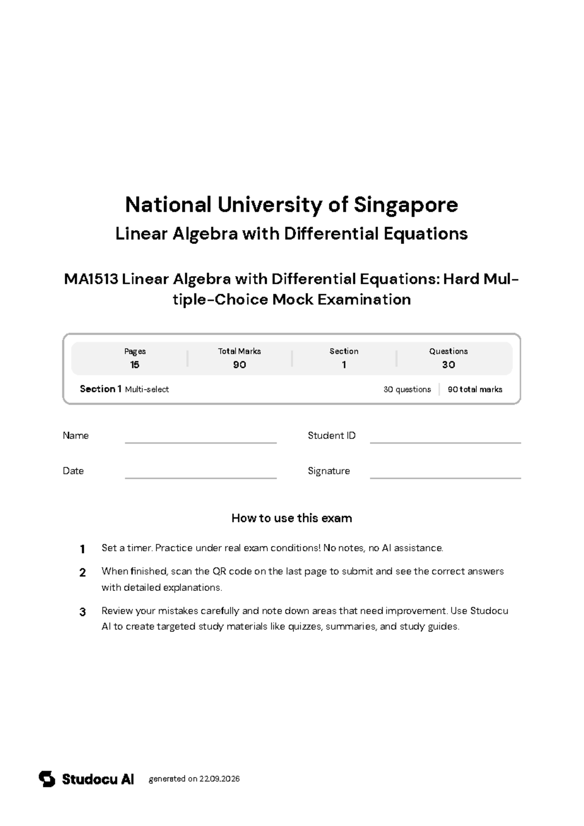 MA1513 Final Exam: Linear Algebra Mock Exam - Studocu