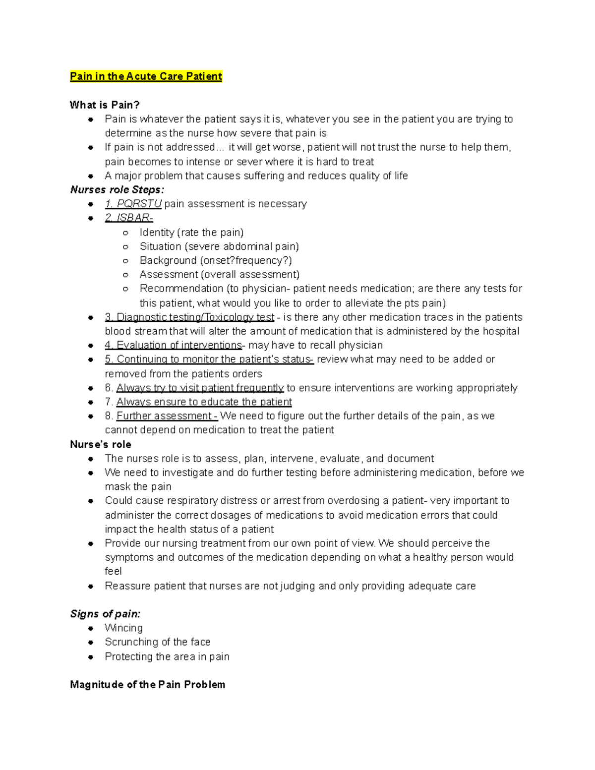 NURS 102: Week 1 Lecture Notes on Pain Management in Acute Care - Studocu