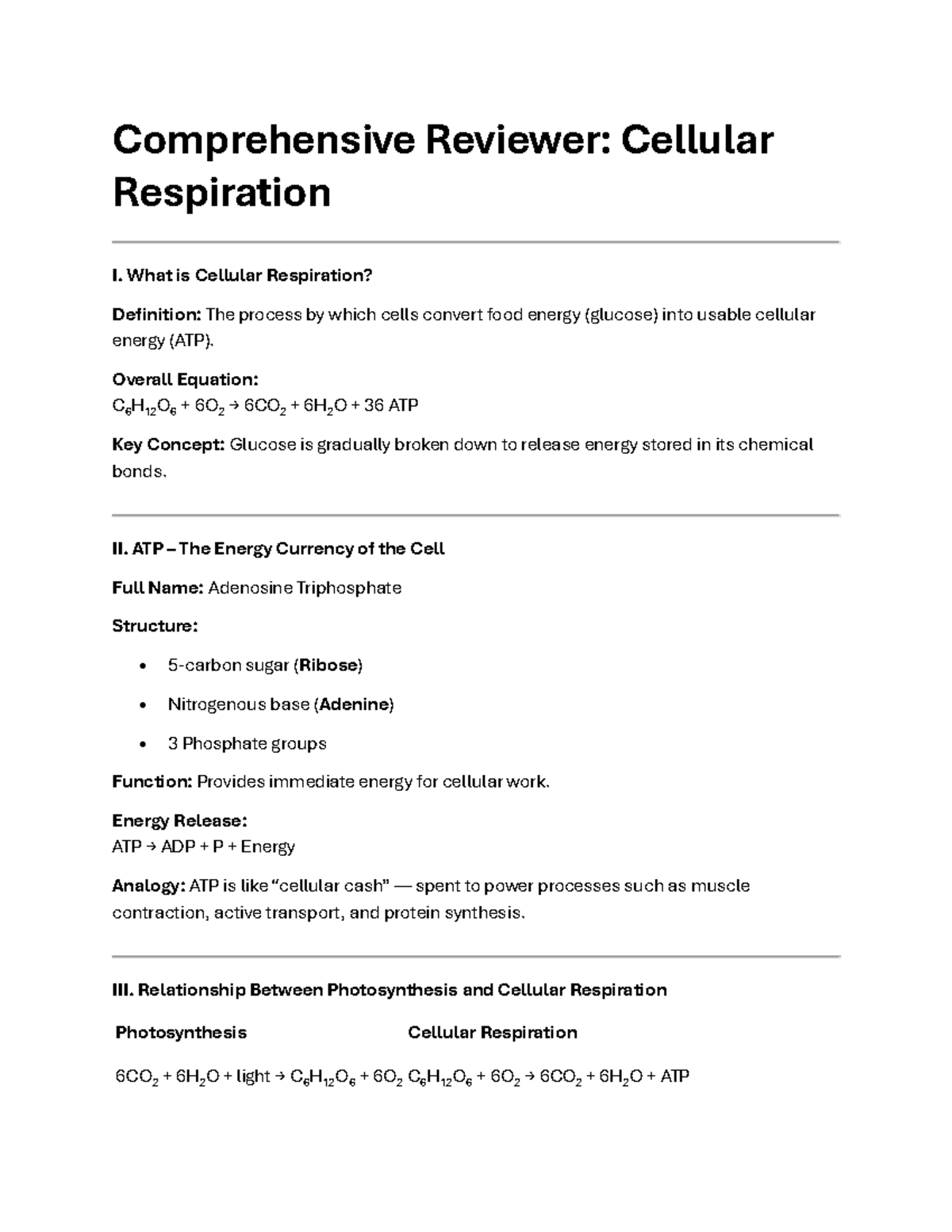 Comprehensive Reviewer: Cellular Respiration - Studocu
