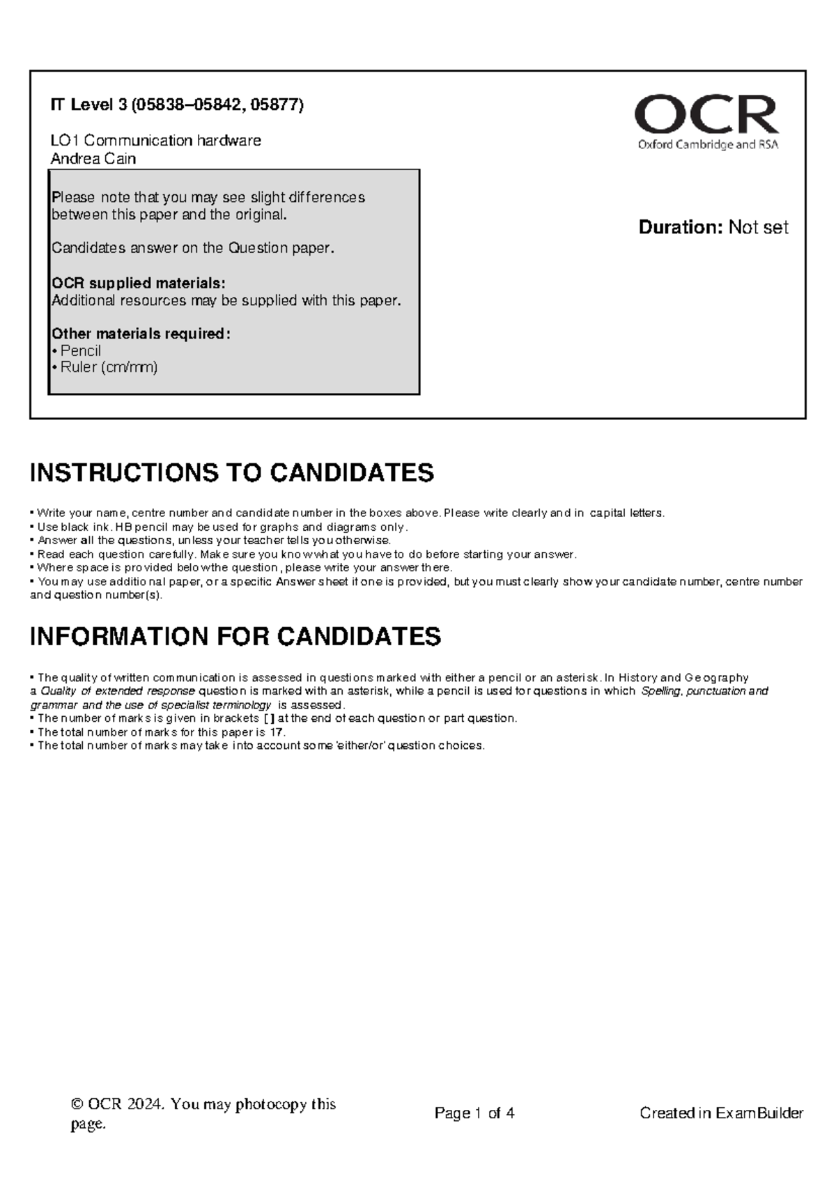 IT Level 3 (05877) LO1 Communication Hardware Exam Paper - Studocu