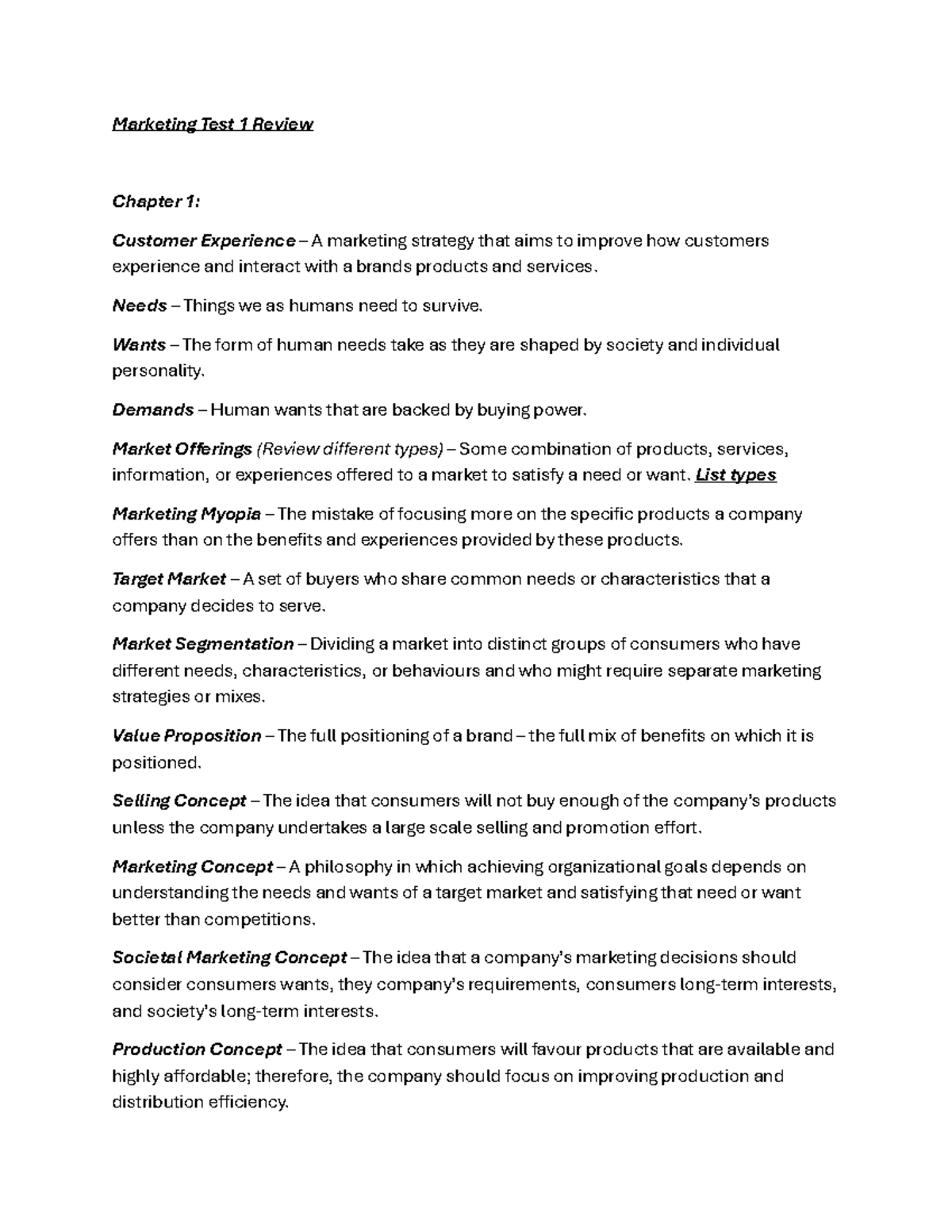 Marketing Test 1 Review: Customer Experience & Strategic Planning - Studocu