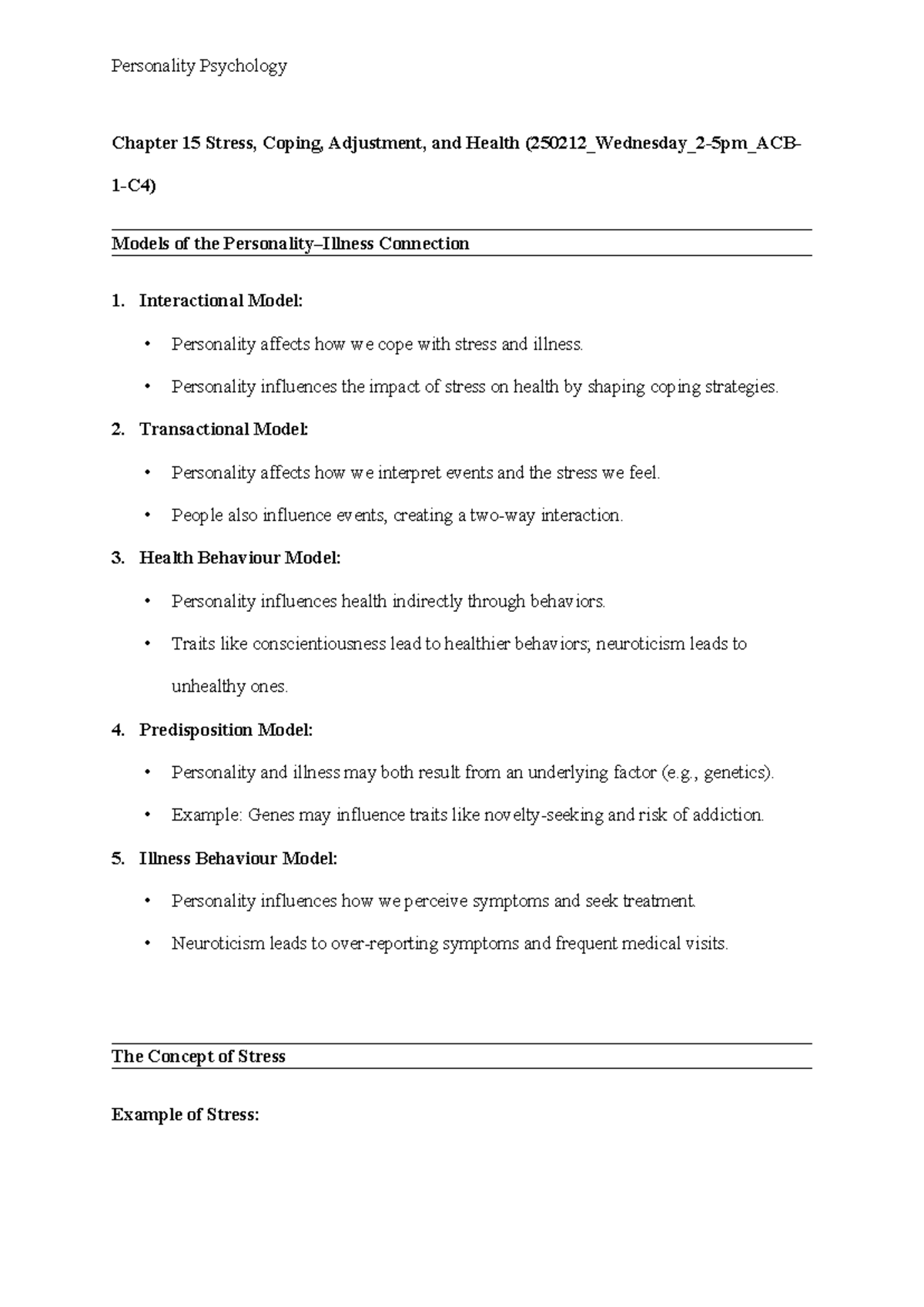 Personality Psychology Chapter 15: Stress, Coping, and Health Models ...