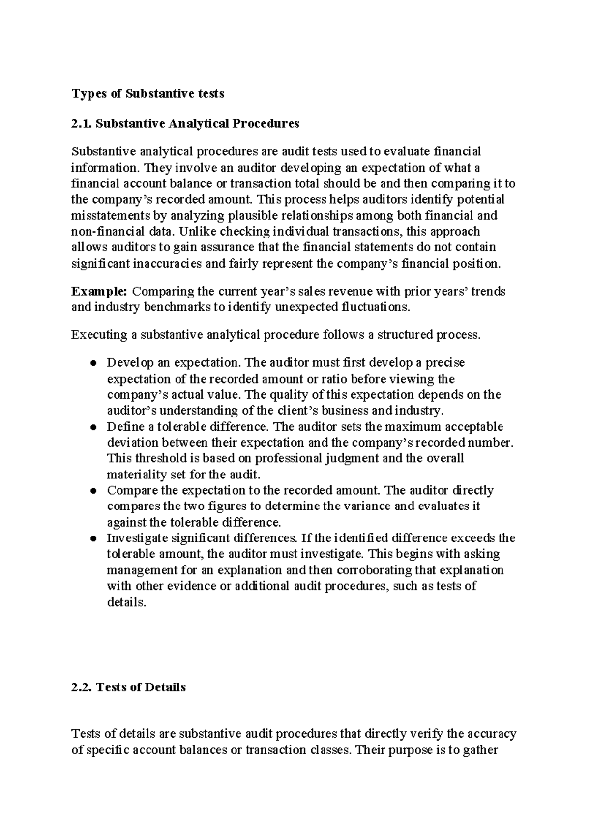 Substantive Tests Overview: Analytical Procedures & Details - Studocu