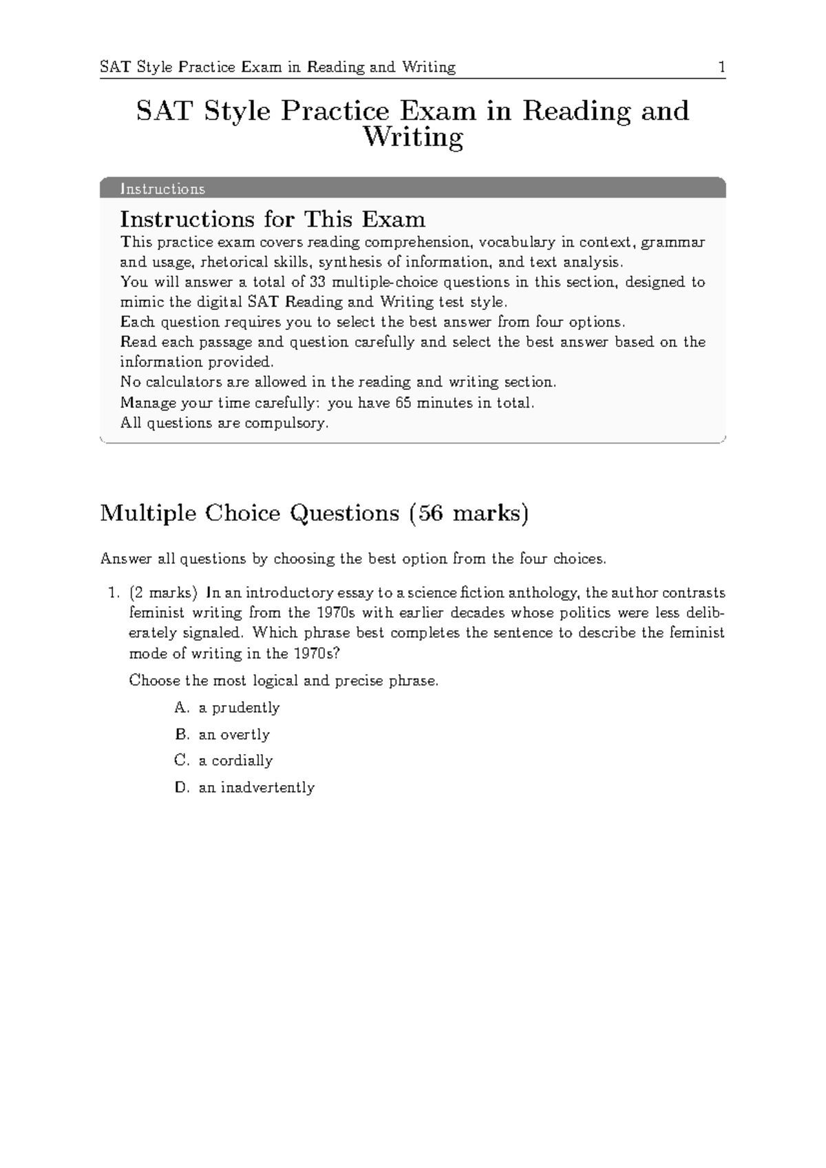 Sat practice test 6 digital - SAT Style Practice Exam in Reading and ...