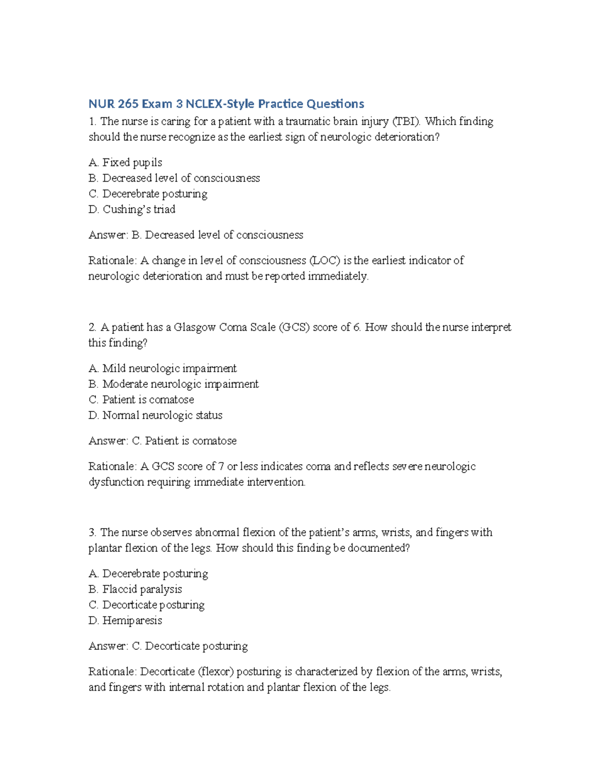 NUR 265 Exam 3 NCLEX Practice Questions and Answers - Studocu
