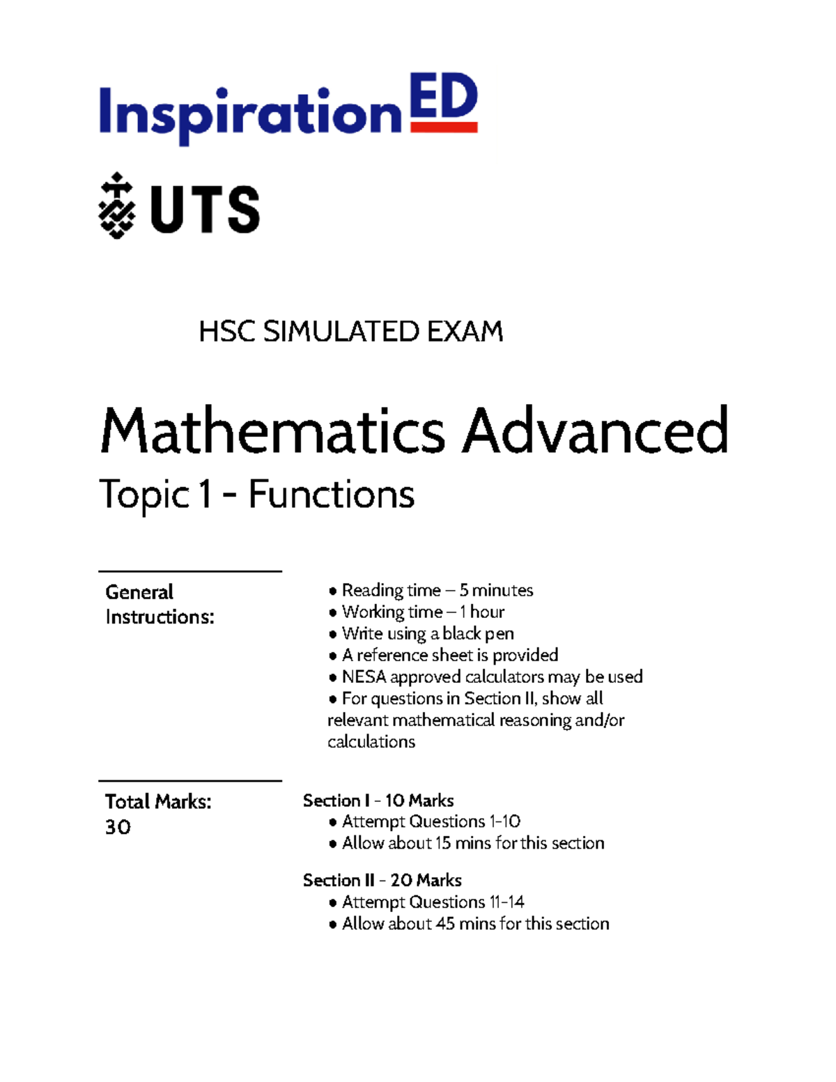 2022 HSC Simulated Exam: Mathematics Advanced (Mathadv 1) Functions ...