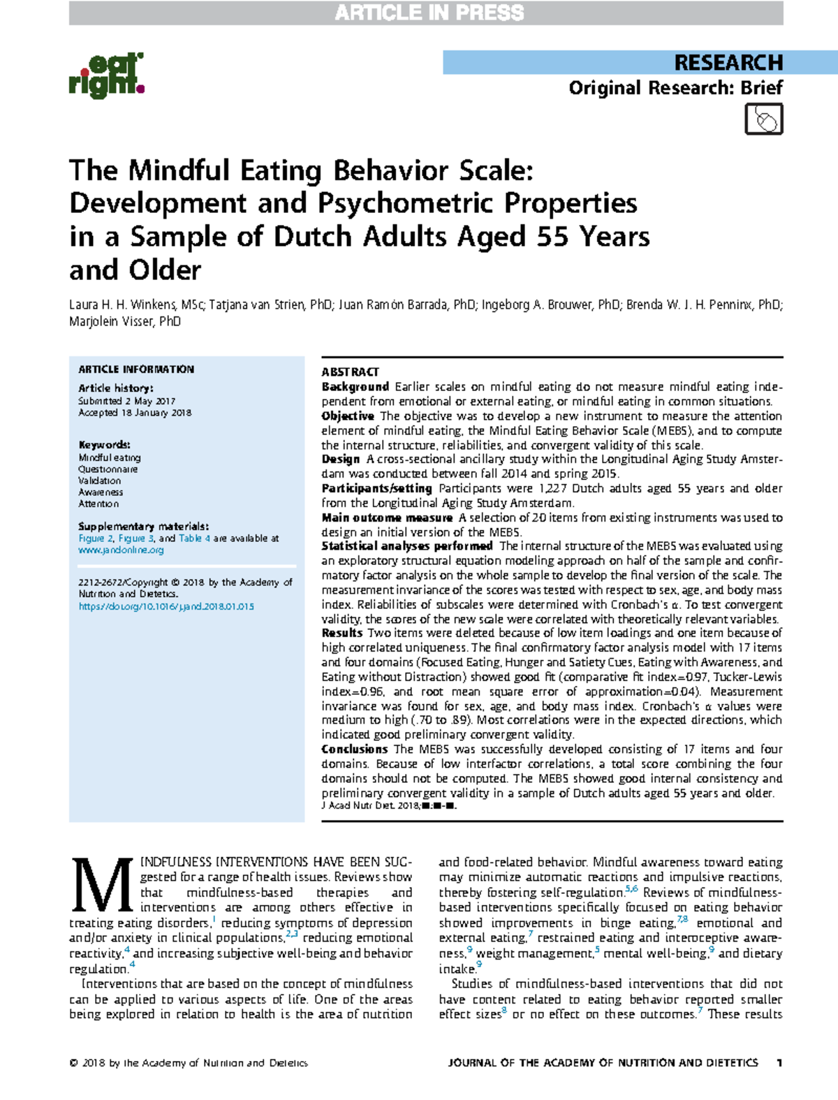 Mindful eating behavior scale: Development and validation in Dutch ...