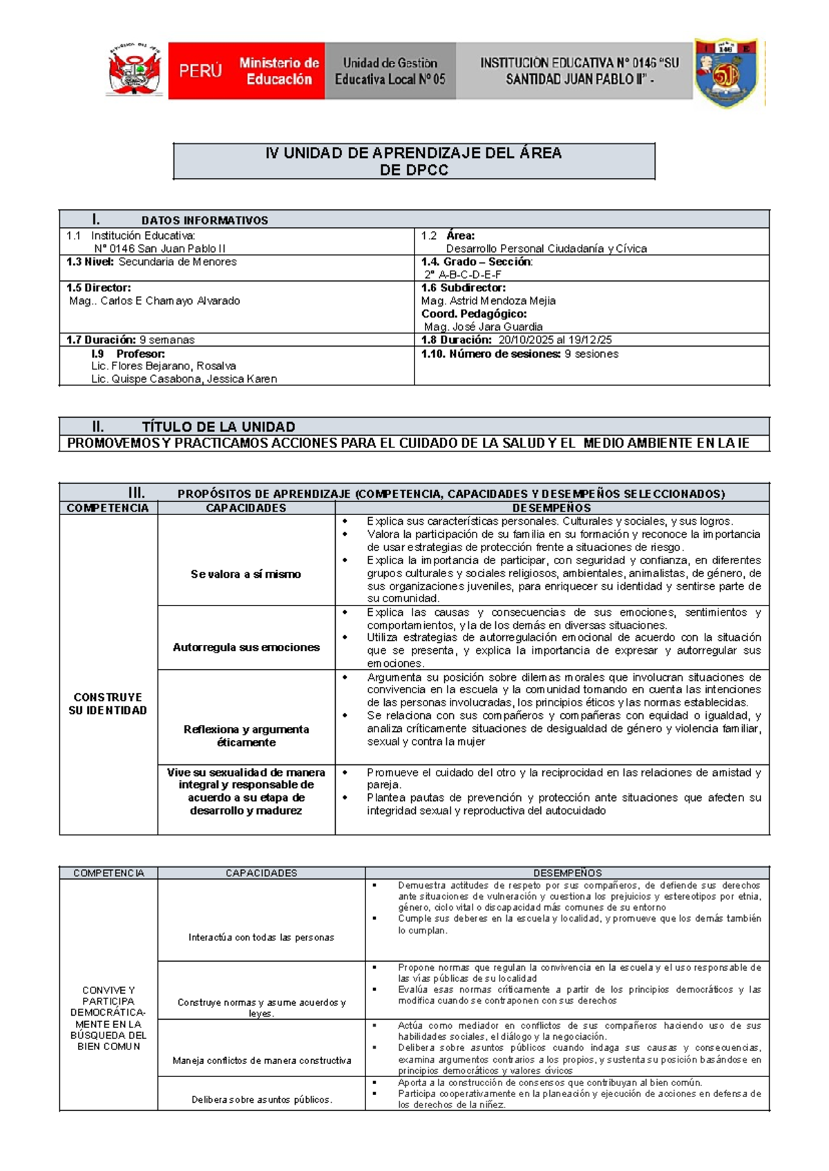 IV Unidad de Aprendizaje: Cuidado de la Salud y Medio Ambiente DPCC I ...