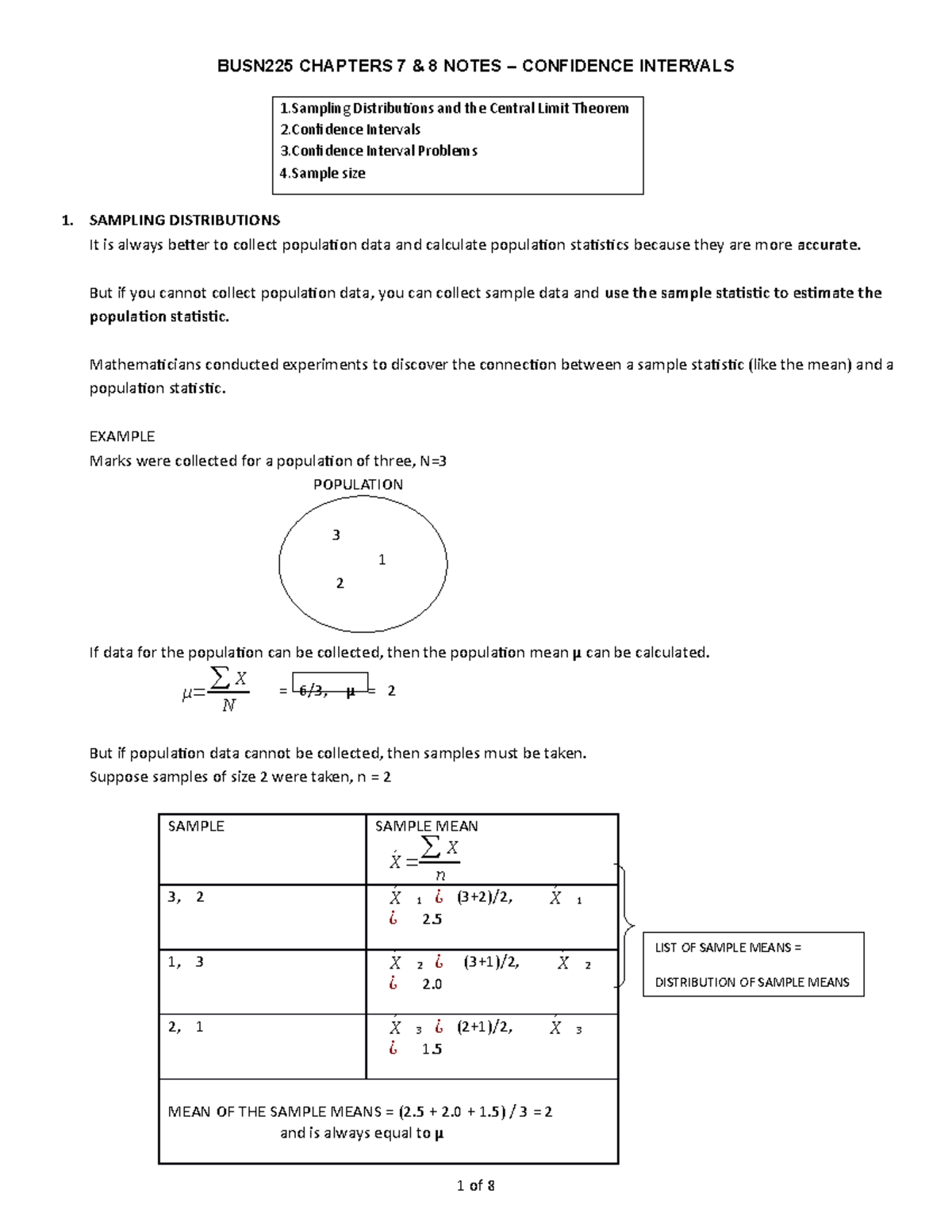Chapters 7 & 8 Notes - Confidence Intervals - BUSN225 CHAPTERS 7 & 8 ...