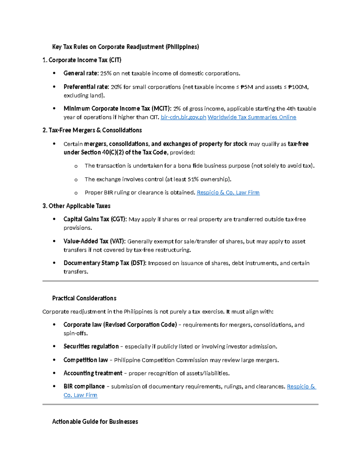 TAX-CORP: Key Tax Rules for Corporate Readjustment in the Philippines ...