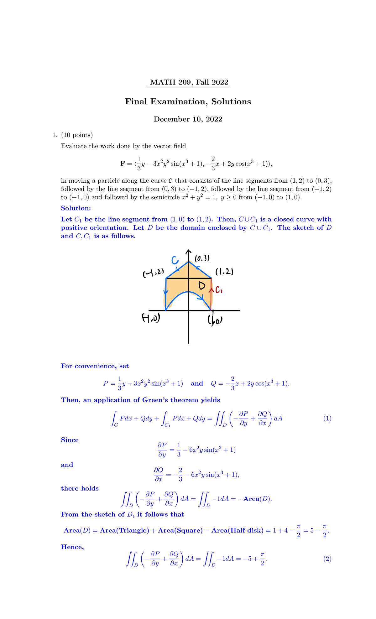 MATH 209 Fall 2022 Final Exam Solutions and Review Notes - Studocu