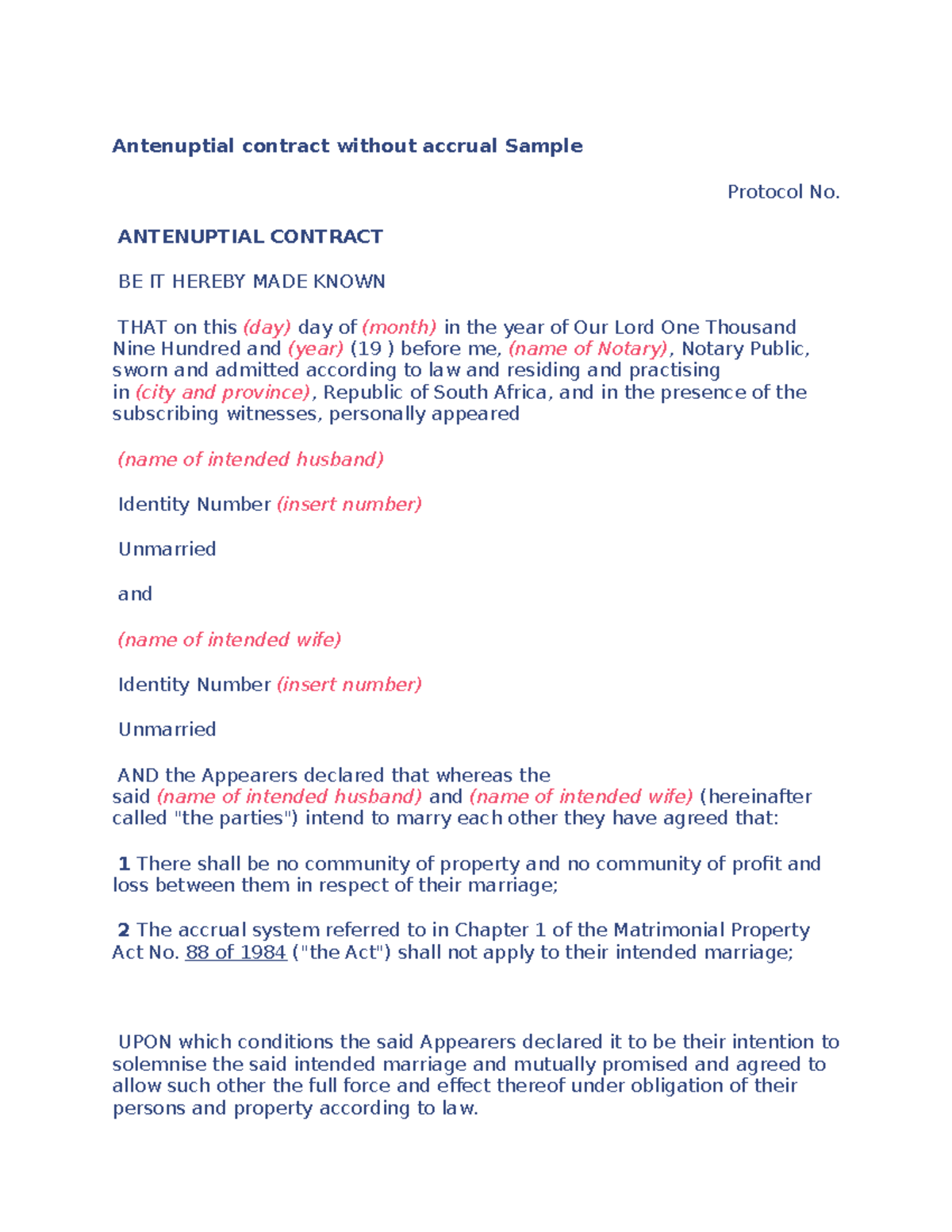 ANC without Accrual: Sample Protocol for Antenuptial Contract - Studocu