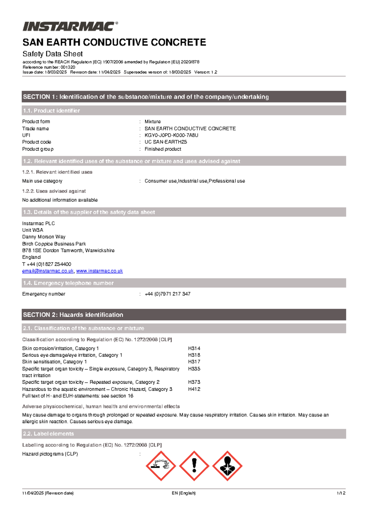 SAN EARTH CONDUCTIVE CONCRETE Safety Data Sheet (REACH Reg. 001320 ...