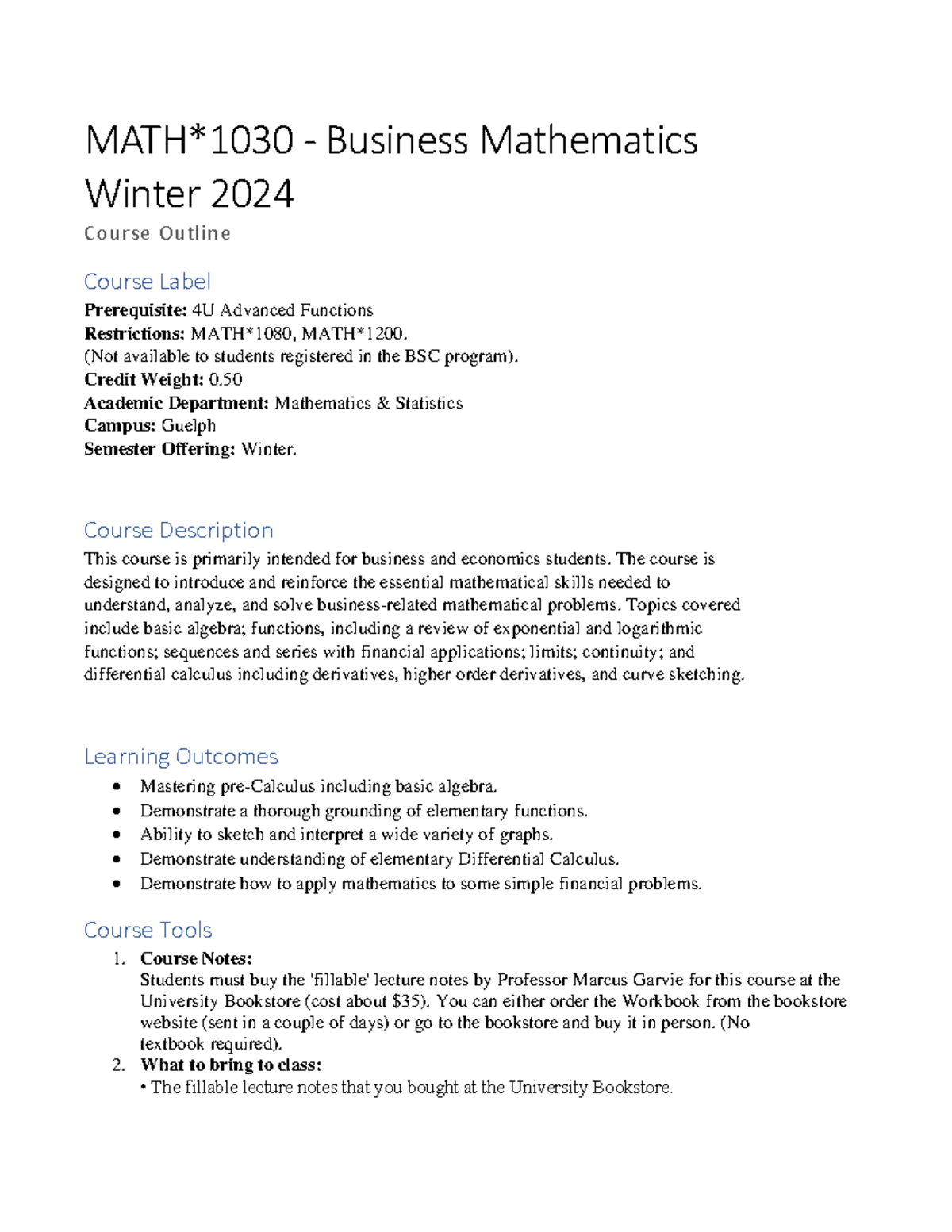 MATH1030 W24 - Business Mathematics Course Outline & Syllabus - Studocu