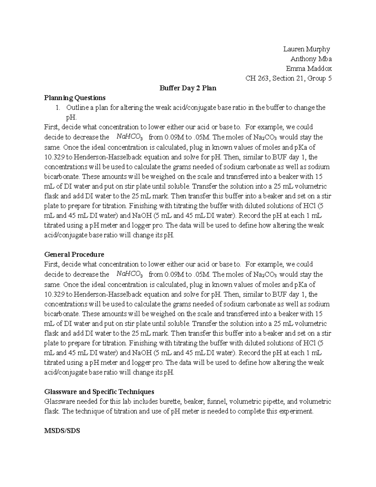 Buffer Day 2 Plan (CH 263) - Lab Summary and Titration Procedures - Studocu