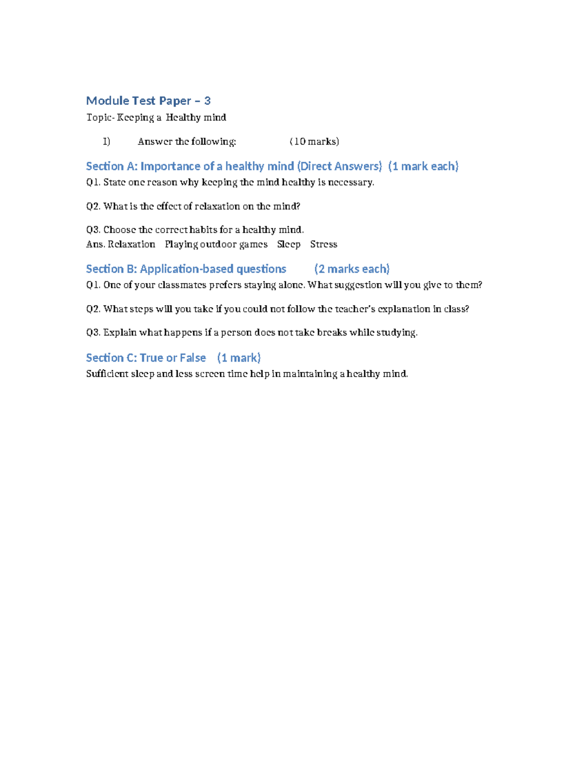 Practice Test Paper 2: Keeping a Healthy Mind Module Test - Studocu