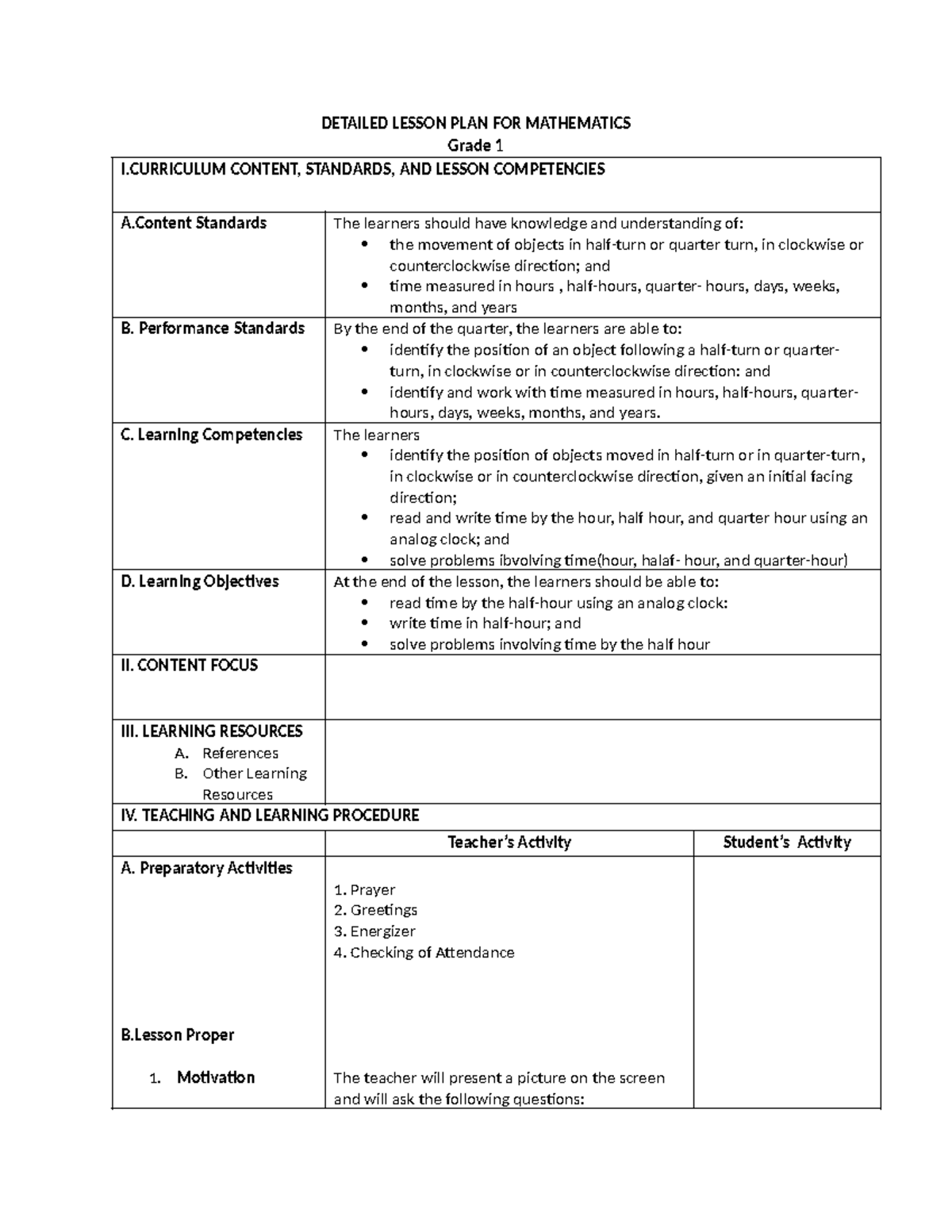 DETAILED LESSON PLAN FOR MATHEMATICS GRADE 1: TIME AND MOVEMENT - Studocu