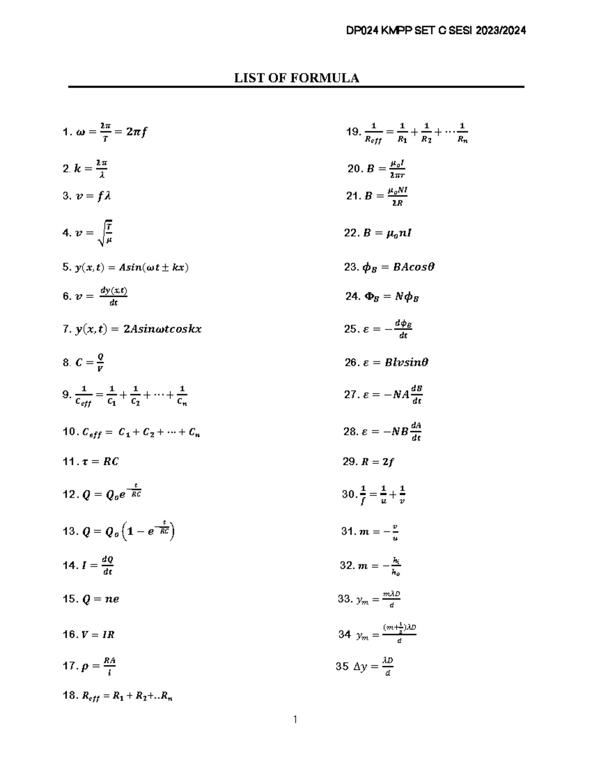 DP024 KMPP SET C SESI LIST OF FORMULAS AND CONSTANT VALUES - Studocu