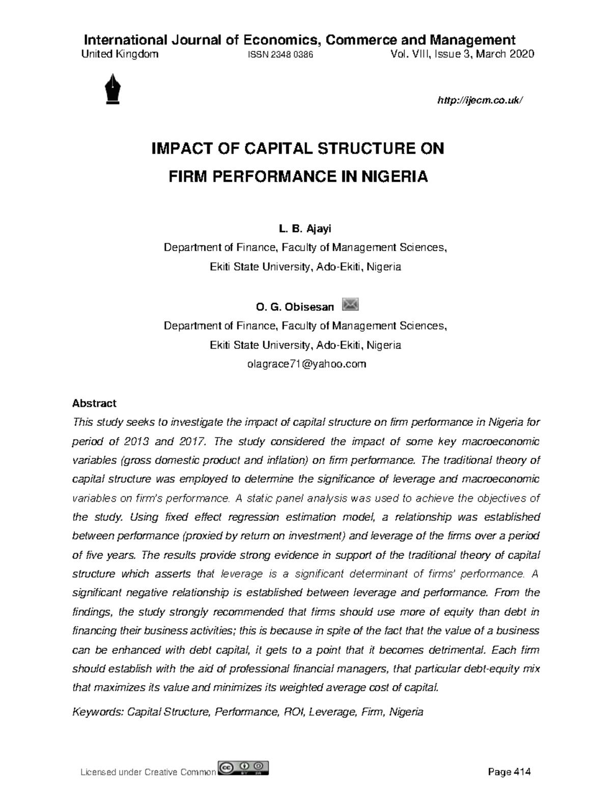 Impact of Capital Structure on Firm Performance in Nigeria (ECO 8331 ...