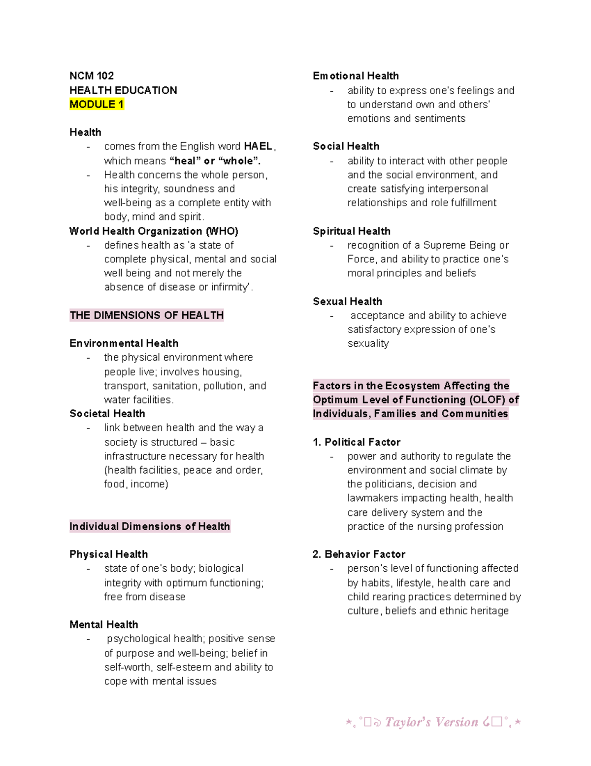 NCM 102 HEALTH EDUCATION MODULE 1: Dimensions and Ecosystem Factors ...
