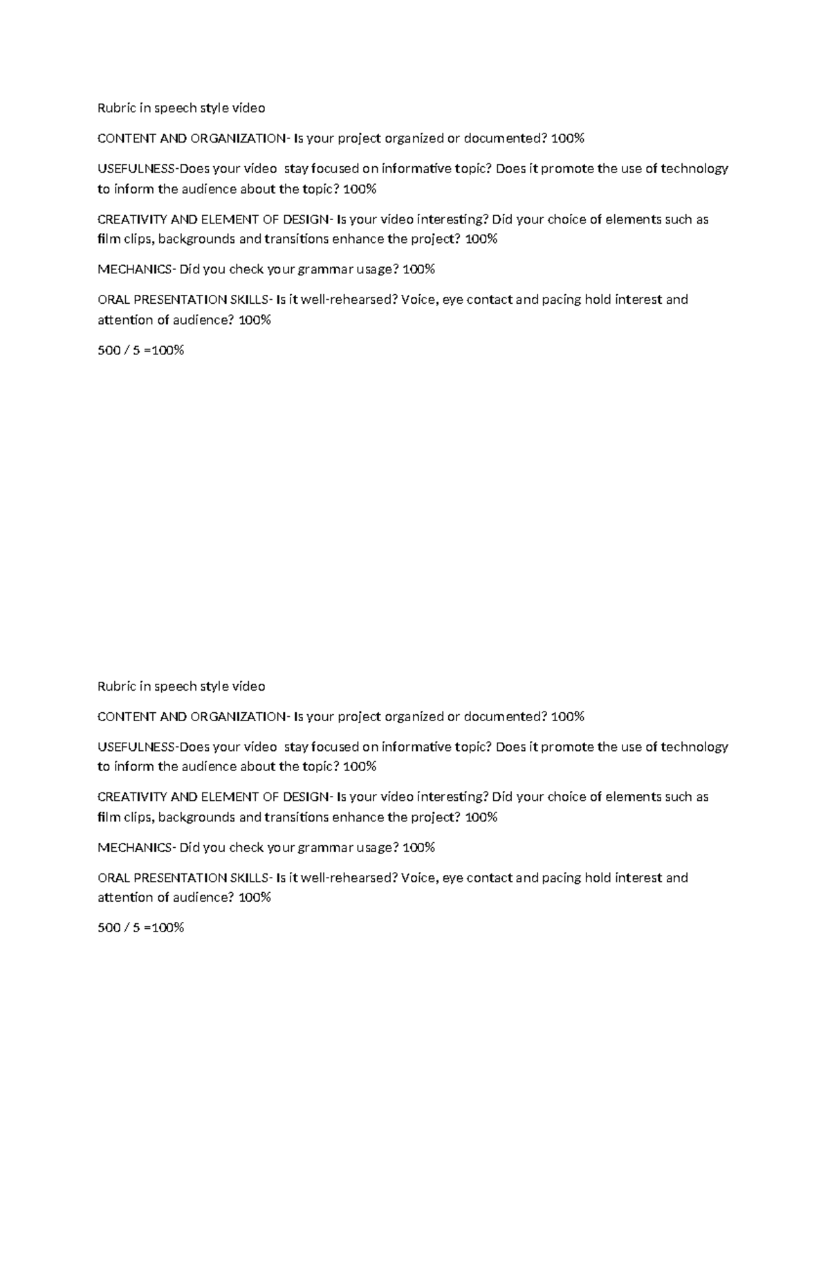 Speech Style Video Rubric Evaluation Guide - Studocu