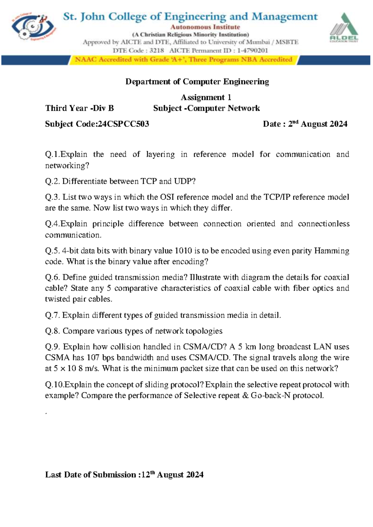 Assignment 1: Computer Networks - Questions & Concepts (24CSPCC503 ...