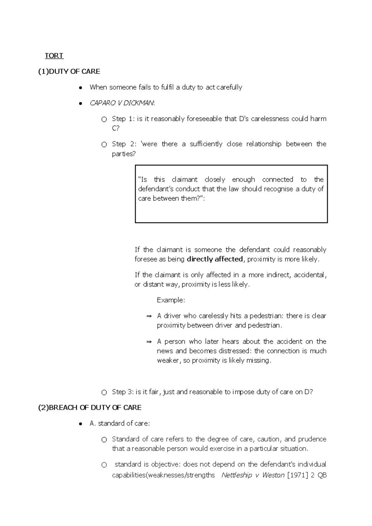 TORT 1: DUTY OF CARE & BREACH OF DUTY - Key Concepts and Cases - Studocu