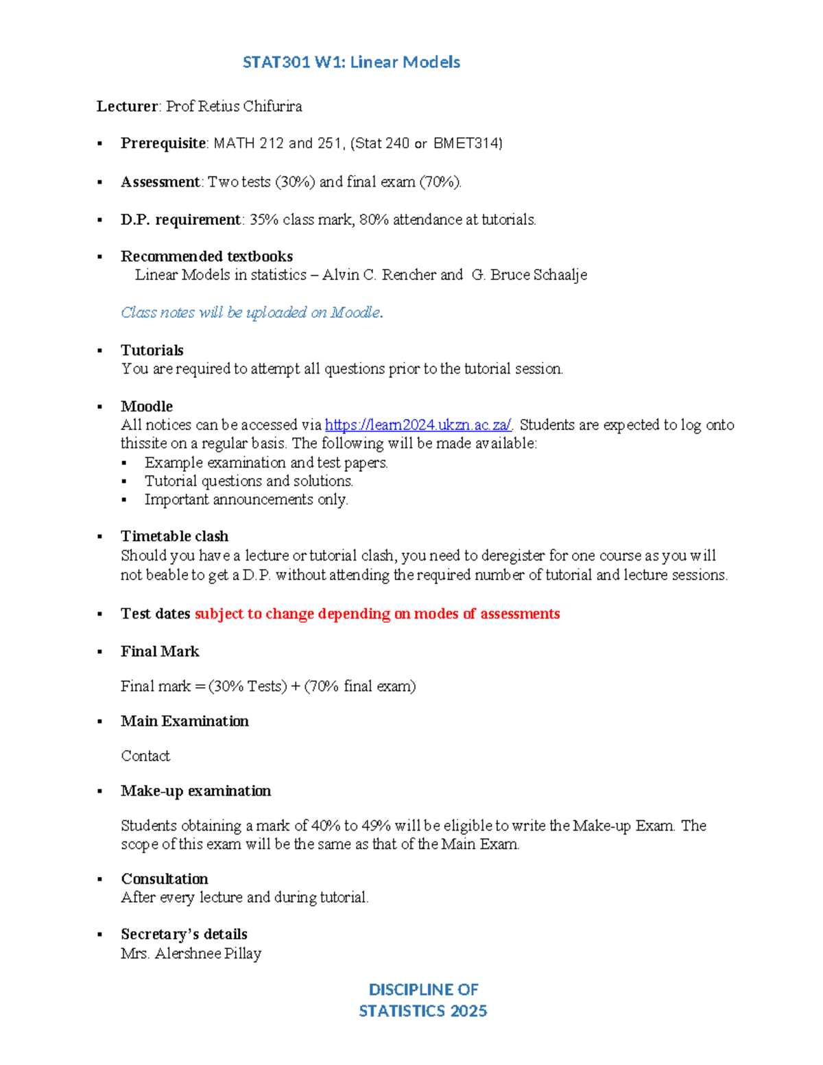 STAT301 W1: Linear Models Info Sheet & Notes for 2025 Final Exam - Studocu