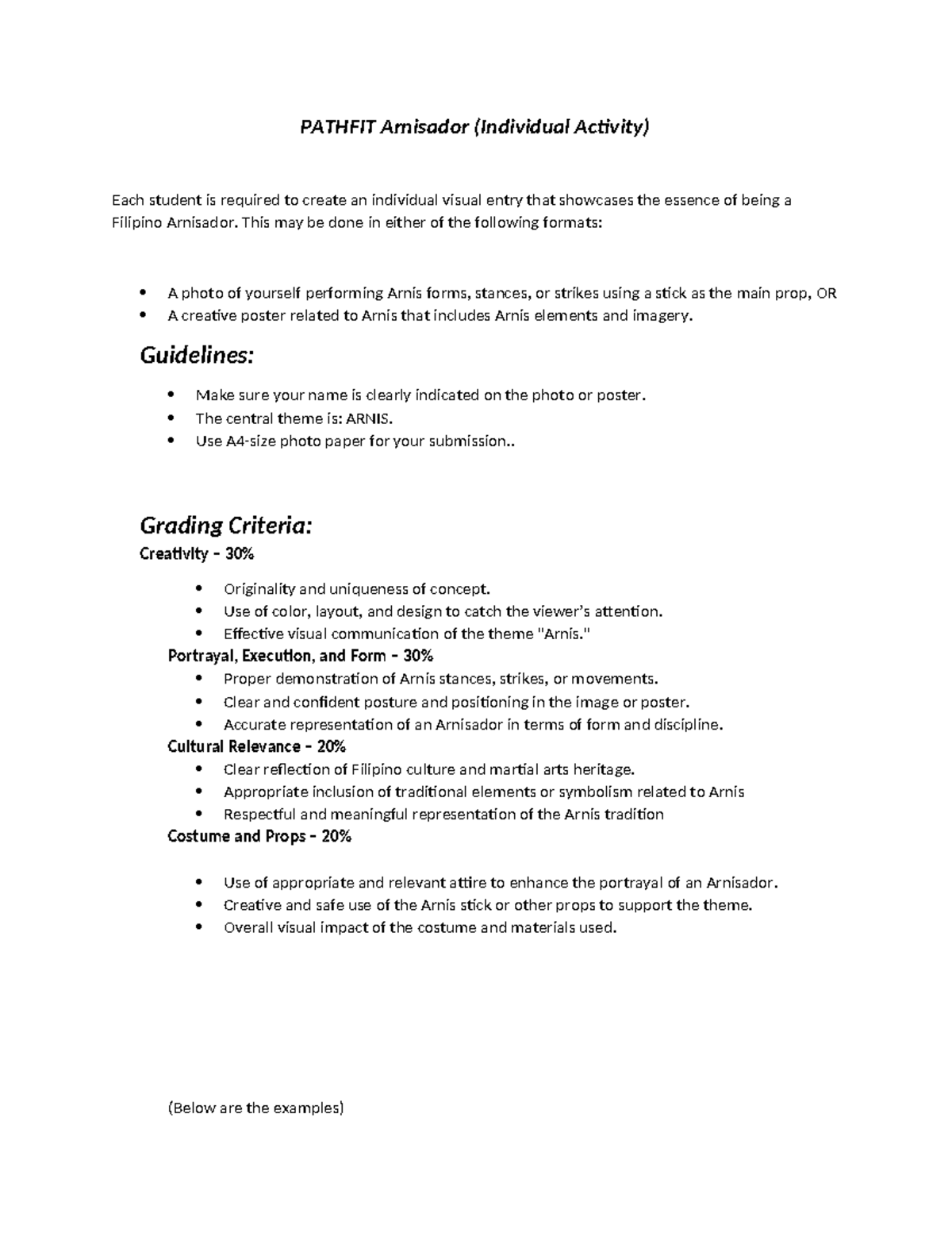 PATHFIT Arnisador Individual Activity Guidelines and Examples - Studocu