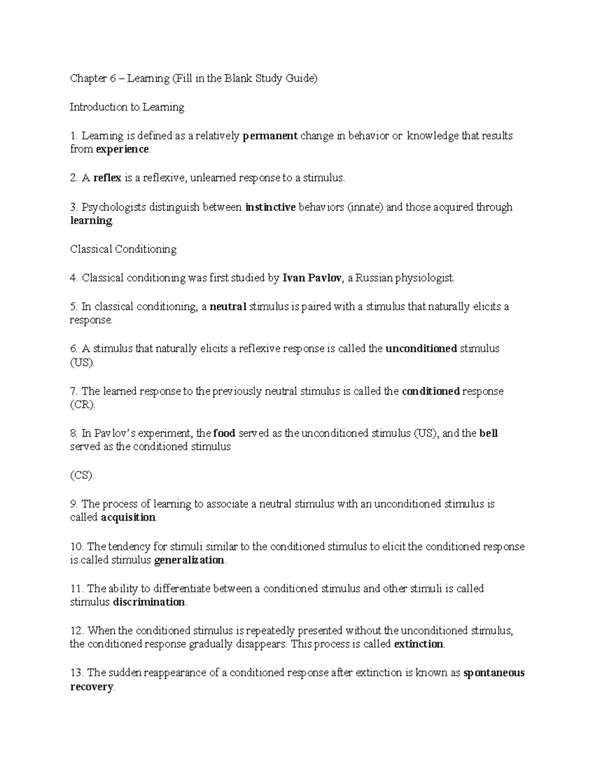 Chapter 6 & 7 Study Guides: Learning and Memory Concepts - Studocu