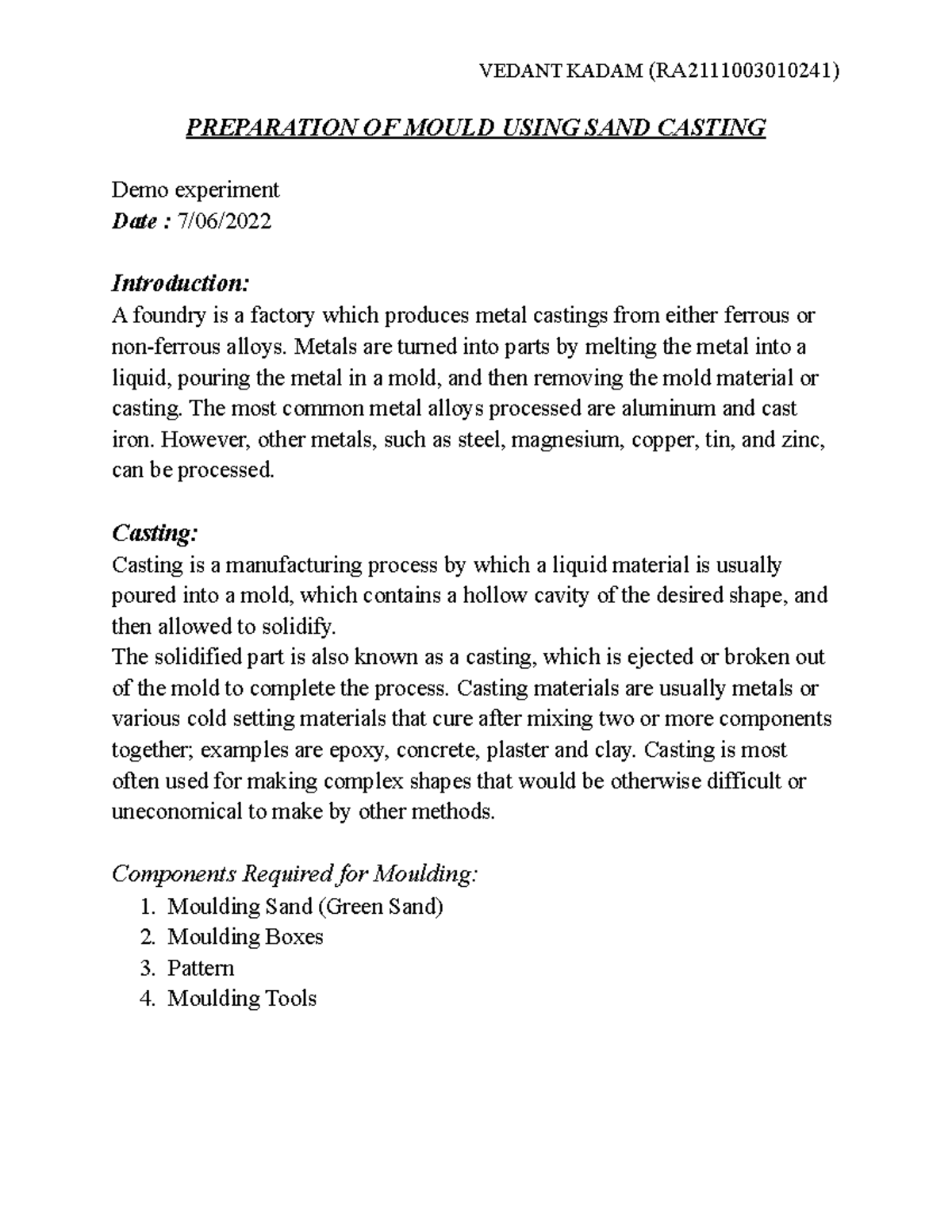 Preparation of Mould for Sand Casting - RA2111003010241 - Studocu