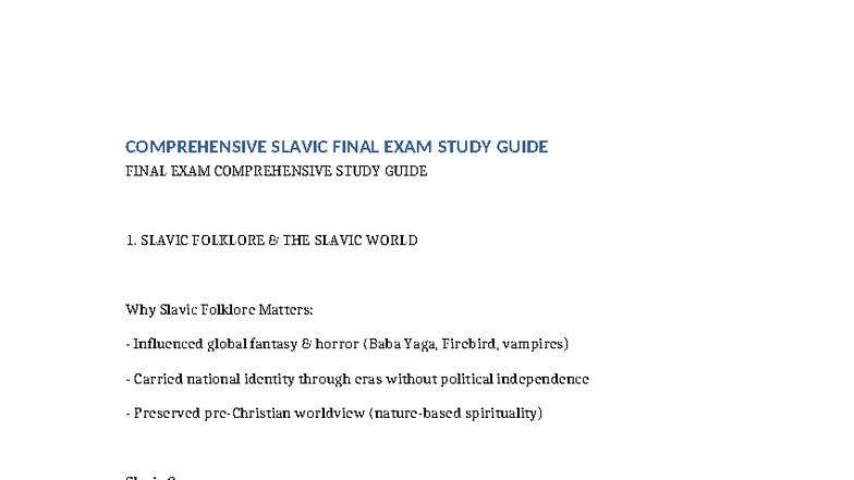Comprehensive Slavic Studies Final Exam Study Guide - Studocu