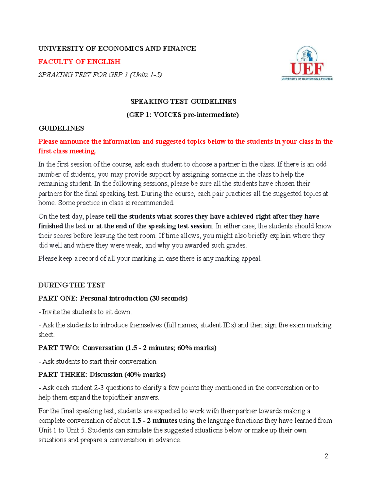 GEP 1 Speaking Test Guidelines - Voices (Sep 2024) - Studocu