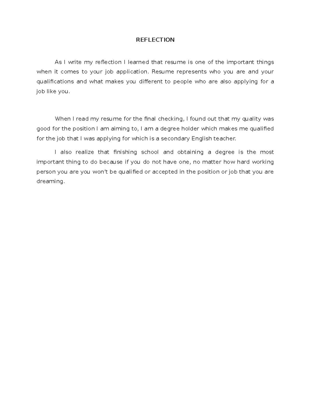 Reflection on Job Application Process - Araling Panlipunan - Studocu