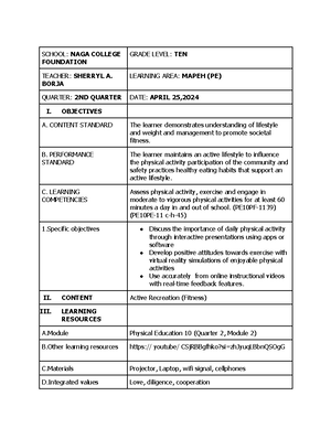 Lesson plan - Subject: Physical Education Grade Level: Grade 8 ...