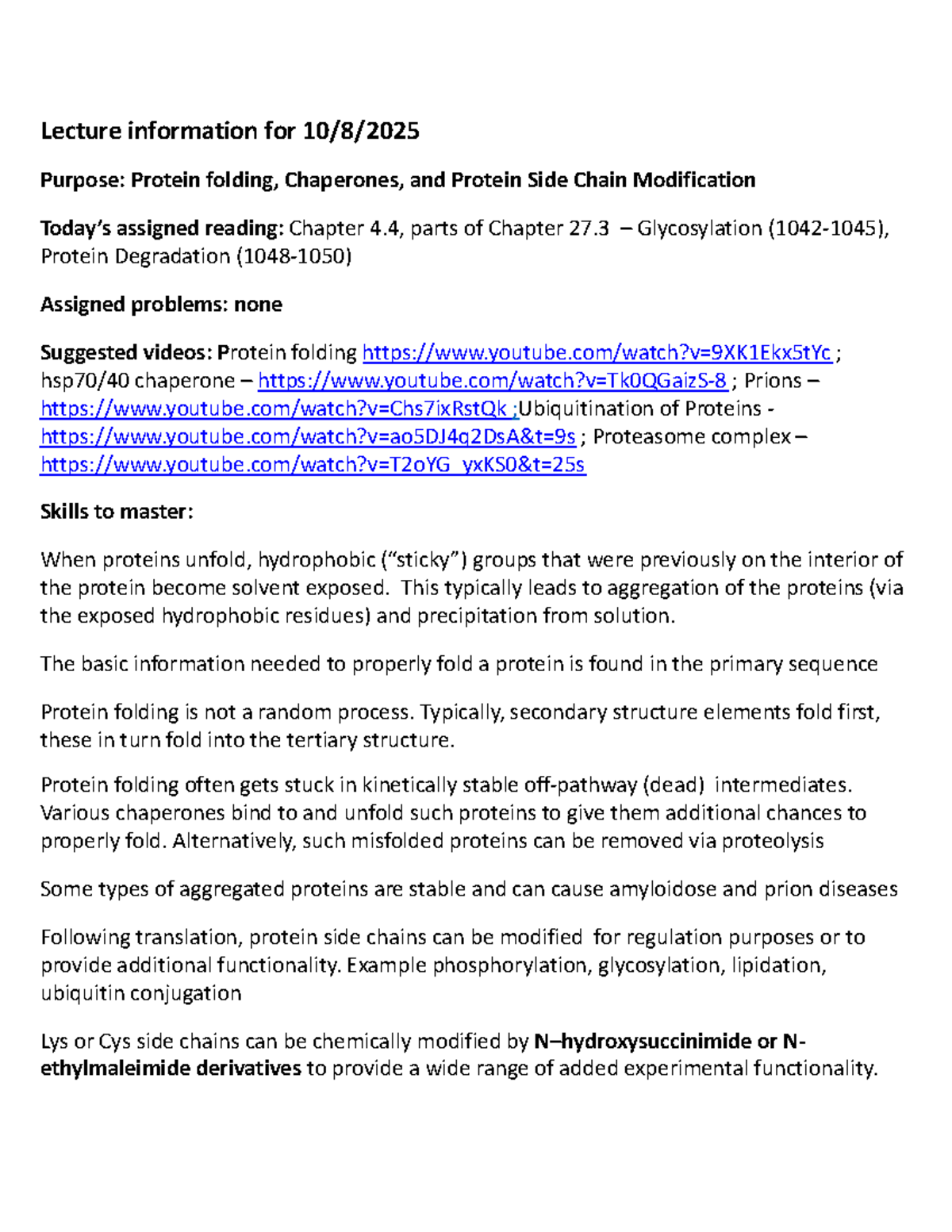 Protein Folding, Chaperones, and Modifications - BIO 100825 Lecture ...